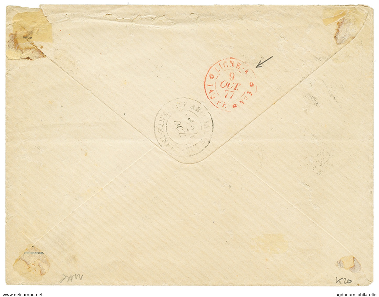 1877 CG 40c SAGE Pd Obl. GUYANE CAYENNE + COL. FR PAQ FR. C N°1 En Rouge Sur Enveloppe Pour La FRANCE. Verso, Cachet LIG - Sonstige & Ohne Zuordnung