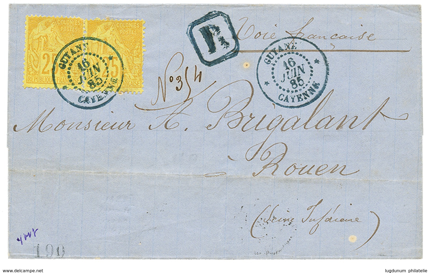 1885 CG 25c(x2) Un 1 Ex. Pd Sur Enveloppe RECOMMANDEE De CAYENNE Pour La FRANCE. TB. - Autres & Non Classés