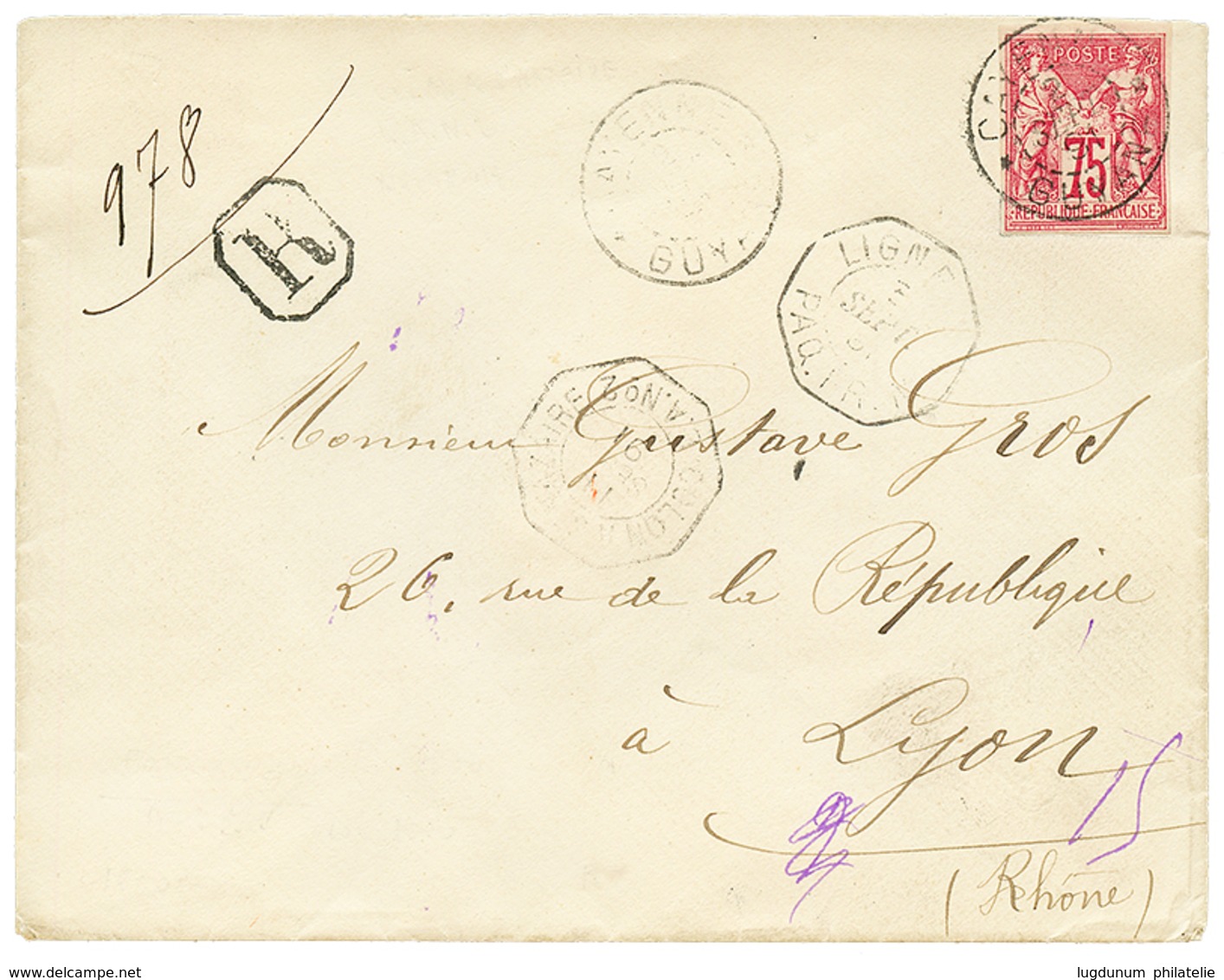 1891 CG 75c SAGE TB Margé Obl. CAYENNE GUYANE Sur Enveloppe RECOMMANDE Pour La FRANCE. RARE. TB. - Autres & Non Classés