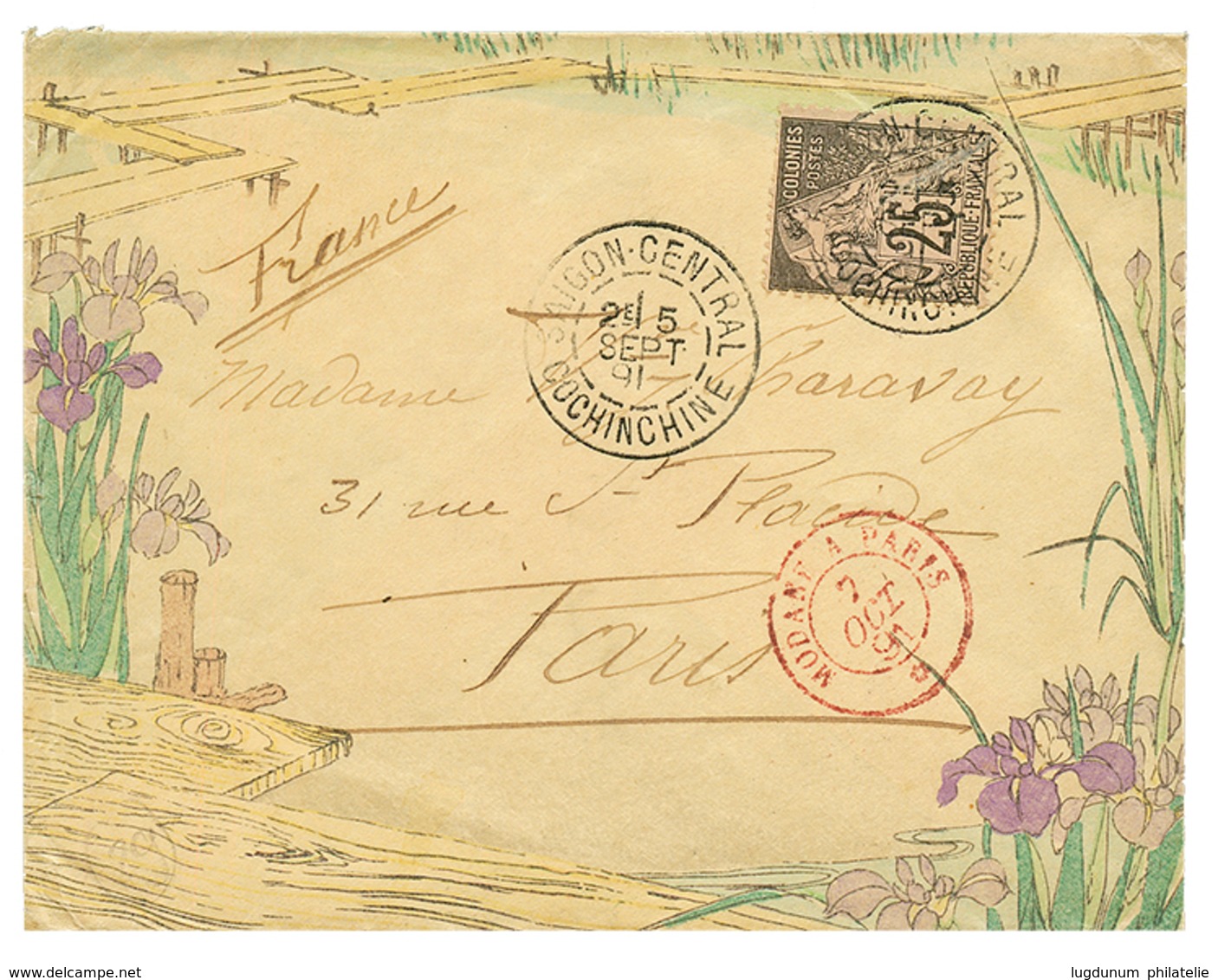 1891 CG 25c Obl. SAIGON Sur Enveloppe Décorée En Couleur Pour PARIS. Superbe. - Andere & Zonder Classificatie