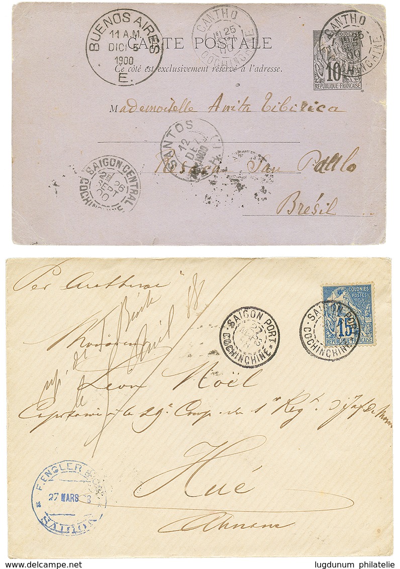 1890 Entier CG 10c Obl. CANTHO Via L' ARGENTINE Pour Le BRESIL Et 1888 CG 15c SAIGON-PORT Pour HUE. TB. - Otros & Sin Clasificación