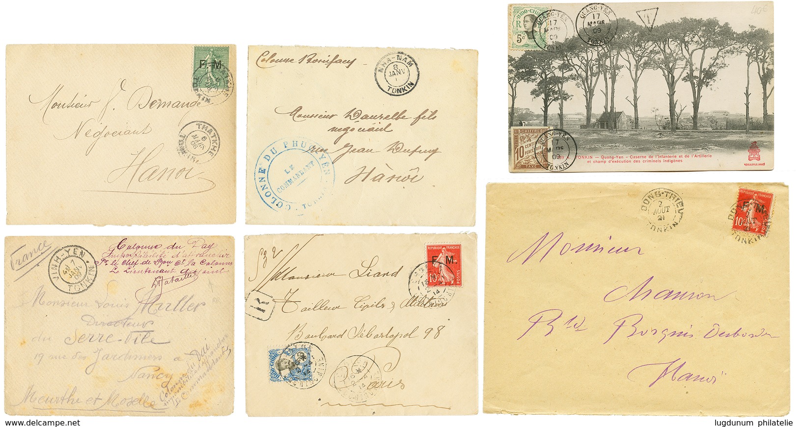 TONKIN : 1908/21 Lot De 6 Lettres Avec TAXE , Timbres F.M, Petits Bureaux. TTB. - Andere & Zonder Classificatie