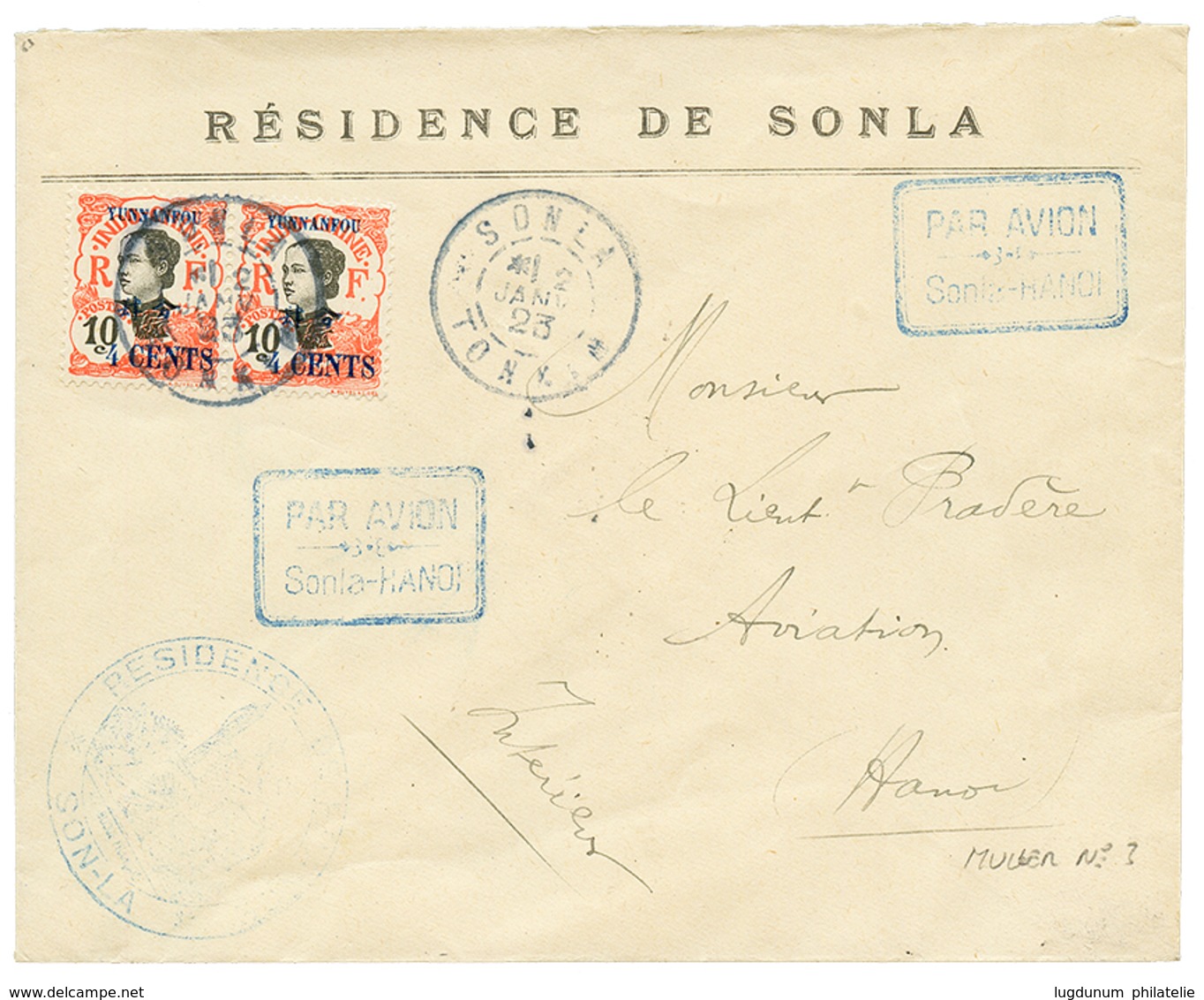 1923 YUNNANFOU 4c S/ 10c(x2) Obl. SONLA TONKIN + Cachet PAR AVION/SONLA-HANOI (MULLER N°3). TTB. - Autres & Non Classés