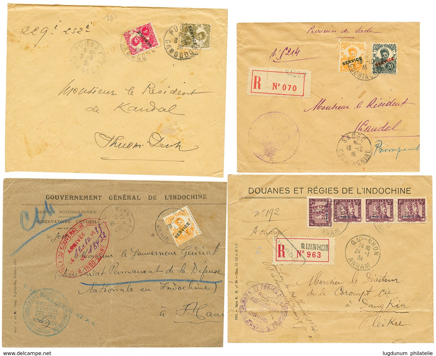 TONKIN - TIMBRES SERVICE : 1934/35 Lot De 4 Lettres Dont 2 RECOMMANDEES, PURSAT CAMBODGE . RARE. TB. - Andere & Zonder Classificatie