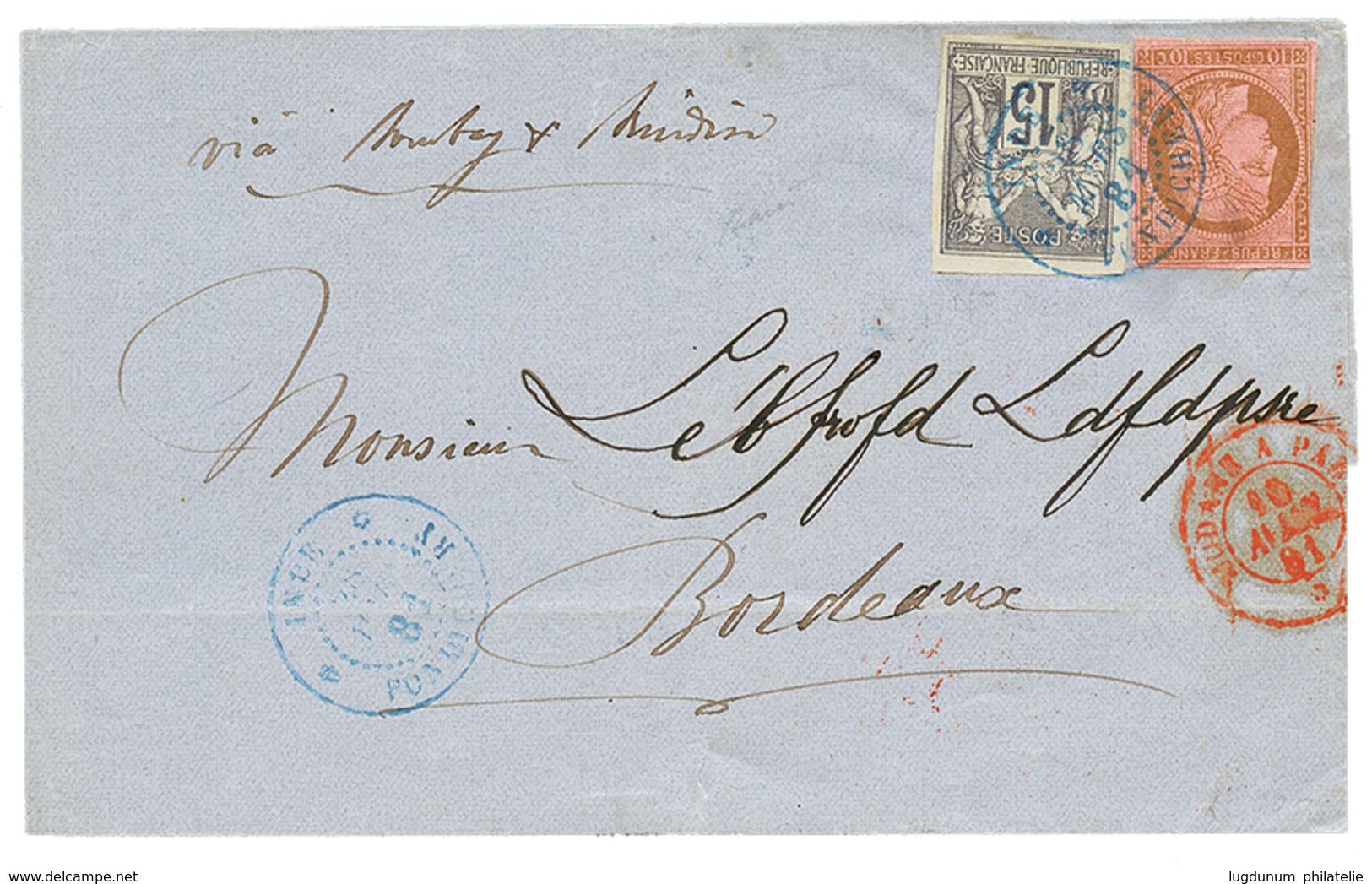 1881 CG 10c CERES + 15c SAGE Gris TTB Margé Obl. INDE PONDICHERY Sur Lettre Pour BORDEAUX. TB. - Autres & Non Classés