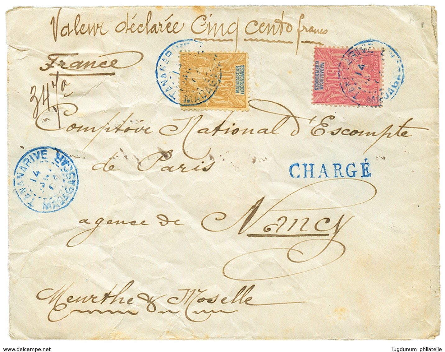 1904 30c + 50c Obl. TANANARIVE MADAGASCAR + CHARGE + "VD=500F" Sur Env. Pour La FRANCE. TTB. - Otros & Sin Clasificación