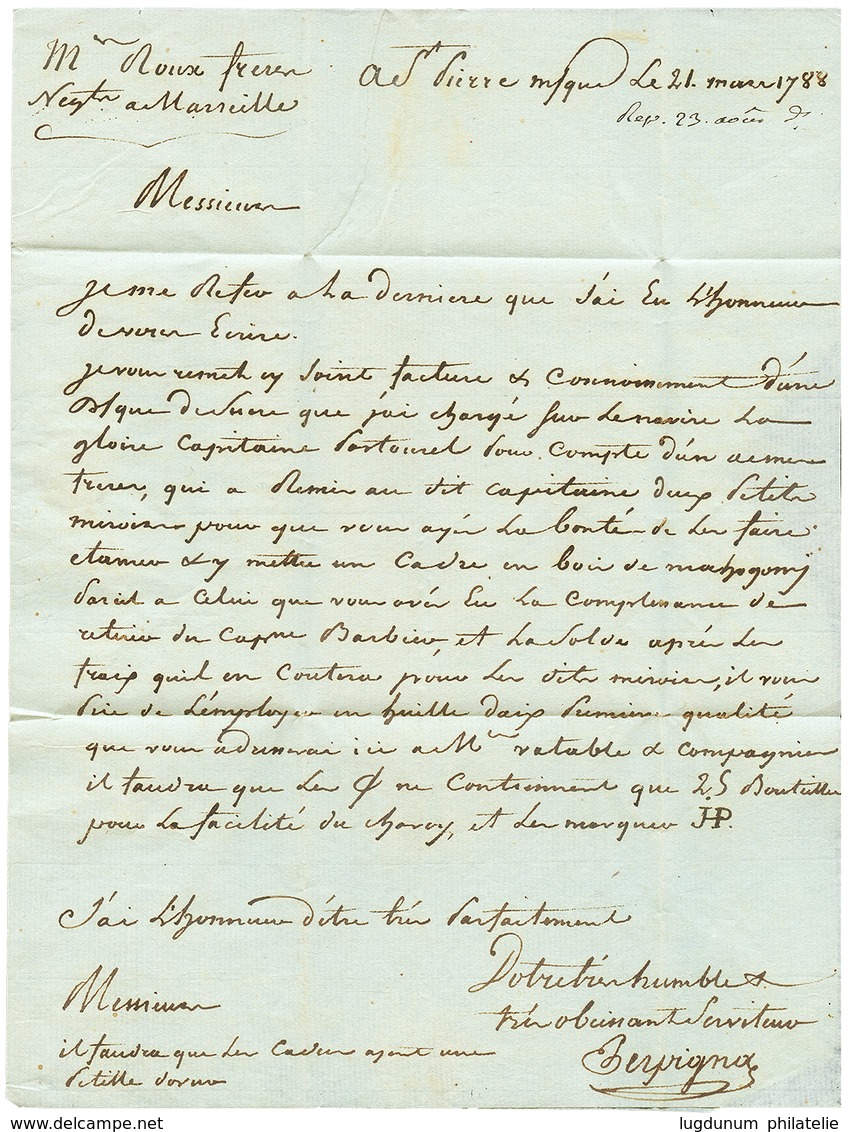 1788 Cachet Rare COLONIES Rouge (40mm) + Cachet Des Paquebots Du ROI LA MARTINIQUE Sur Lettre Avec Texte Daté ST PIERRE  - Autres & Non Classés