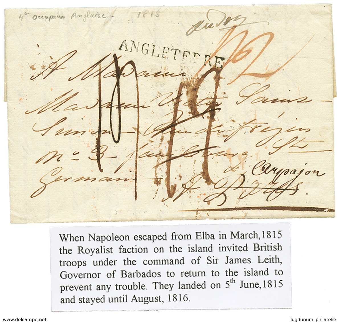 "4éme OCCUPATION ANGLAISE (5 Juin 1815 - Aout 1816) : Cachet ANGLETERRE + Taxes Sur Lettre Avec Texte Daté "ST PIERRE 15 - Otros & Sin Clasificación