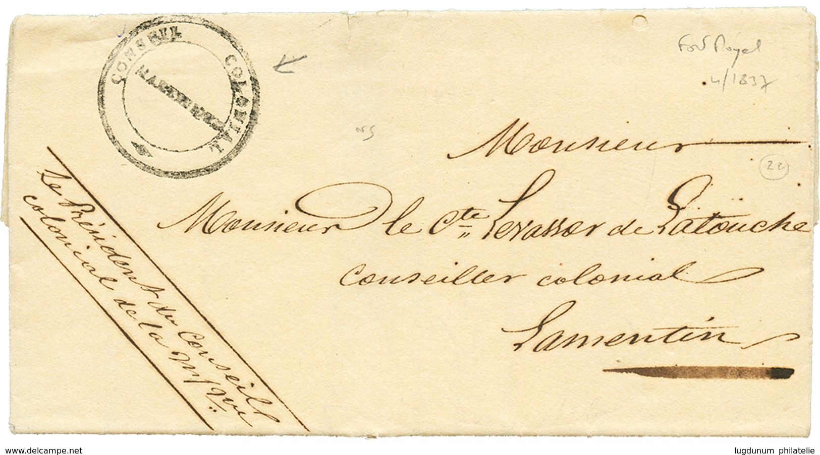MARQUE De FRANCHISE : 1837 CONSEIL COLONIAL/ MARTINIQUE Sur Lettre Avec Texte Daté "FORT ROYAL" Pour LAMENTIN. RARE. TTB - Autres & Non Classés