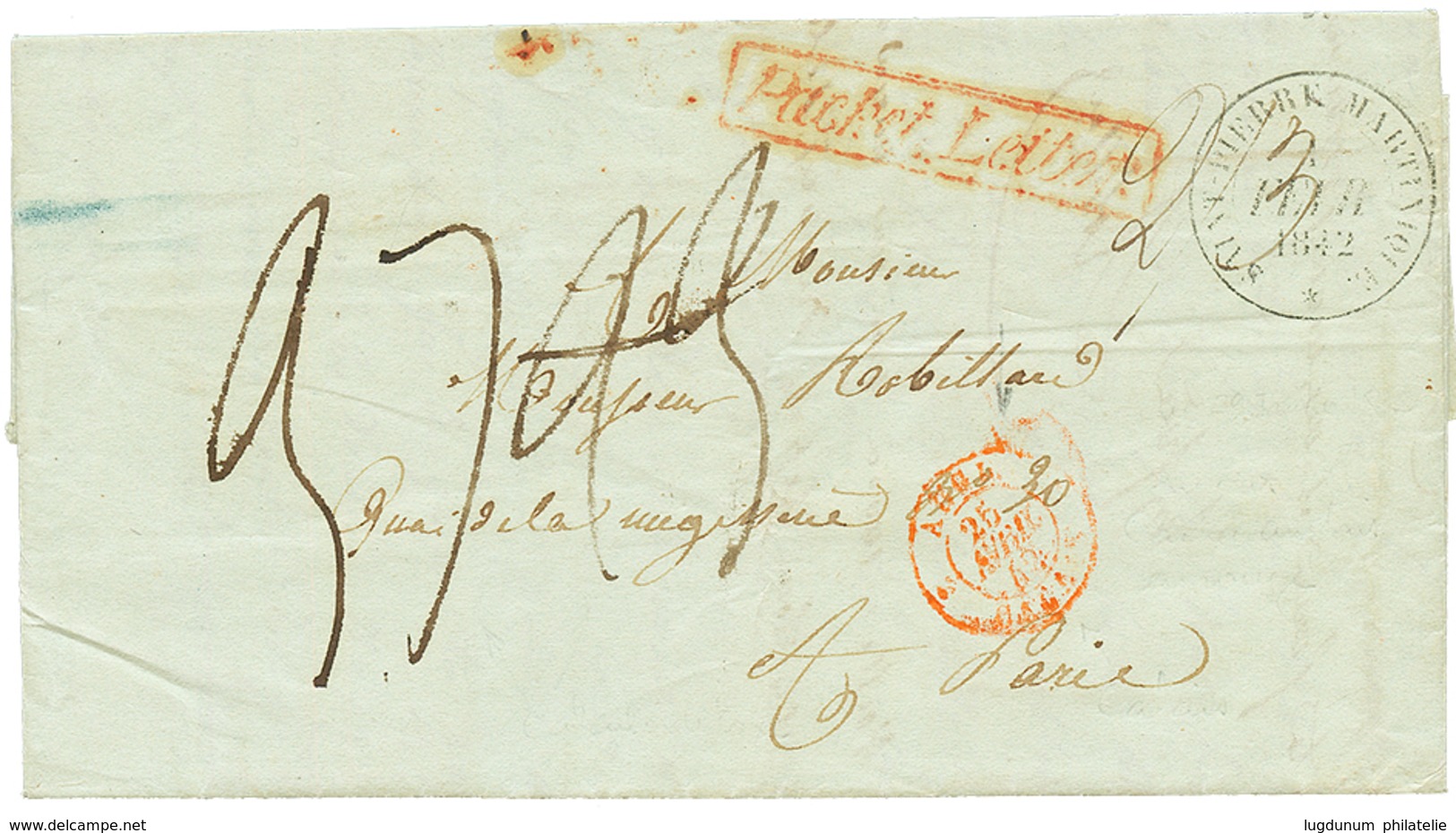 1842 PACKET LETTER Rouge + SAINT PIERRE MARTINIOQUE + Taxe "23" Annulée + Taxe "37" Sur Lettre De ST PIERRE Pour PARIS.  - Otros & Sin Clasificación