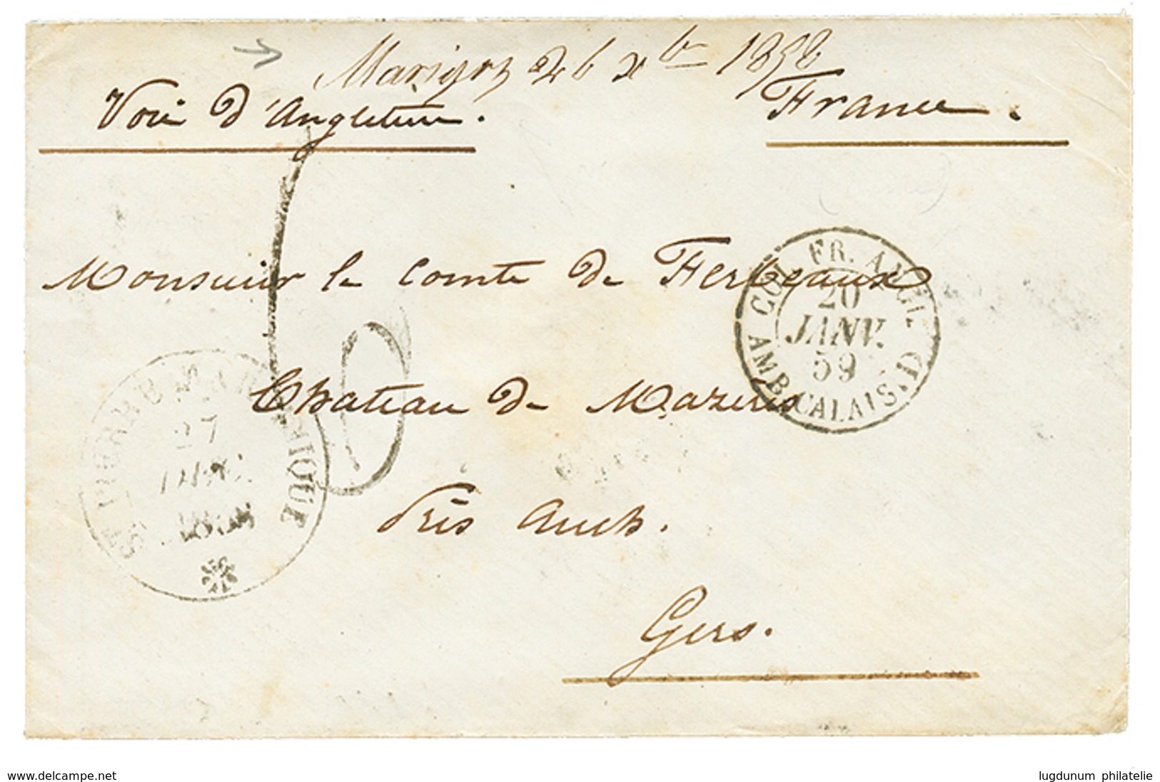 "MARIGOT" : 1858 Marque Manuscrite "MARIGOT 26 Xbre 1858" + Taxe 6 Sur Env. Pour La FRANCE. RARE. TTB. - Otros & Sin Clasificación