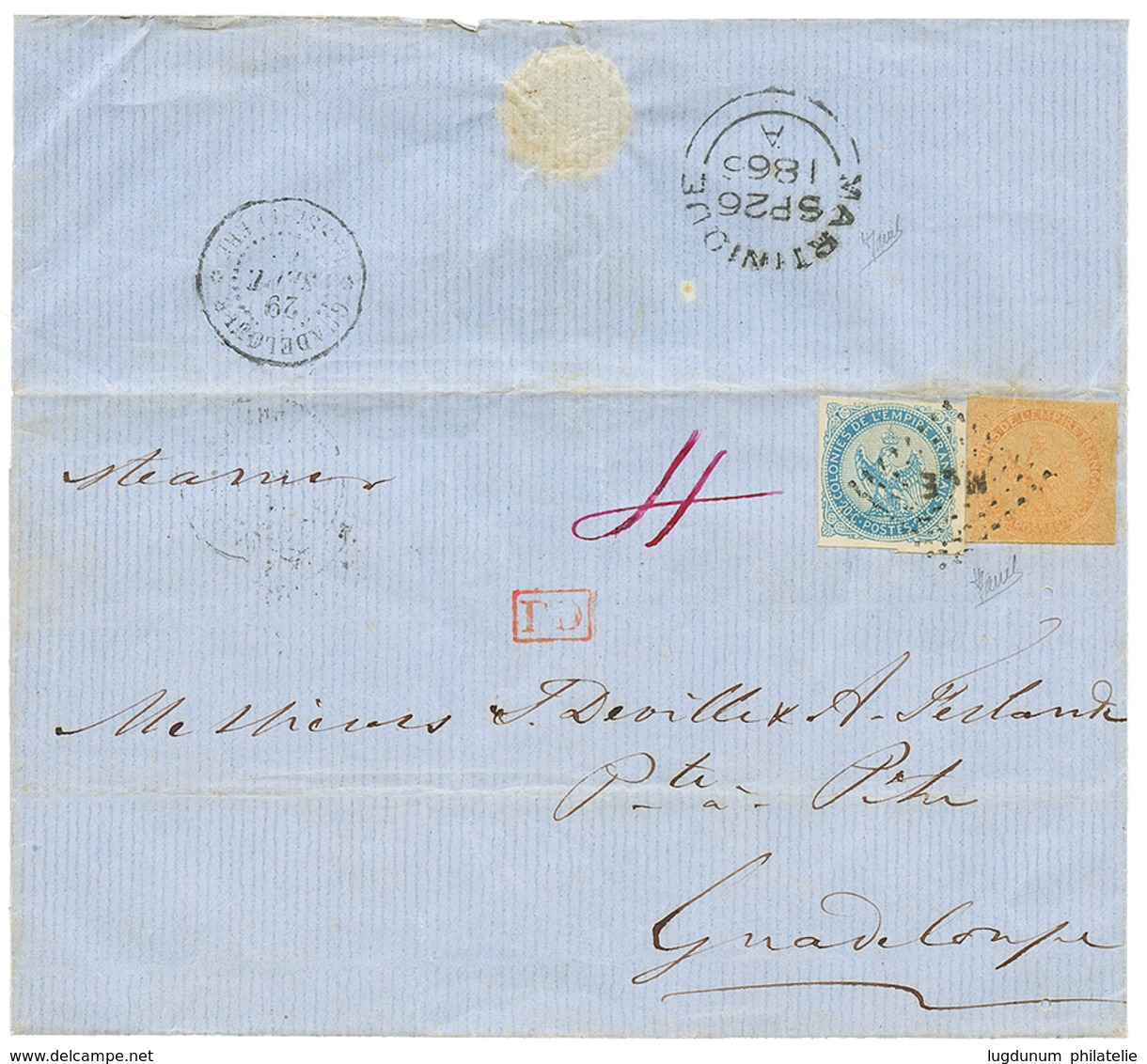 "BRITISH PACKET AGENT" : 1865 AIGLE 20c + 40c TTB Margés Obl. MQE + Taxe Anglaise "4" Violette Sur Lettre Pour LMA GUADE - Autres & Non Classés