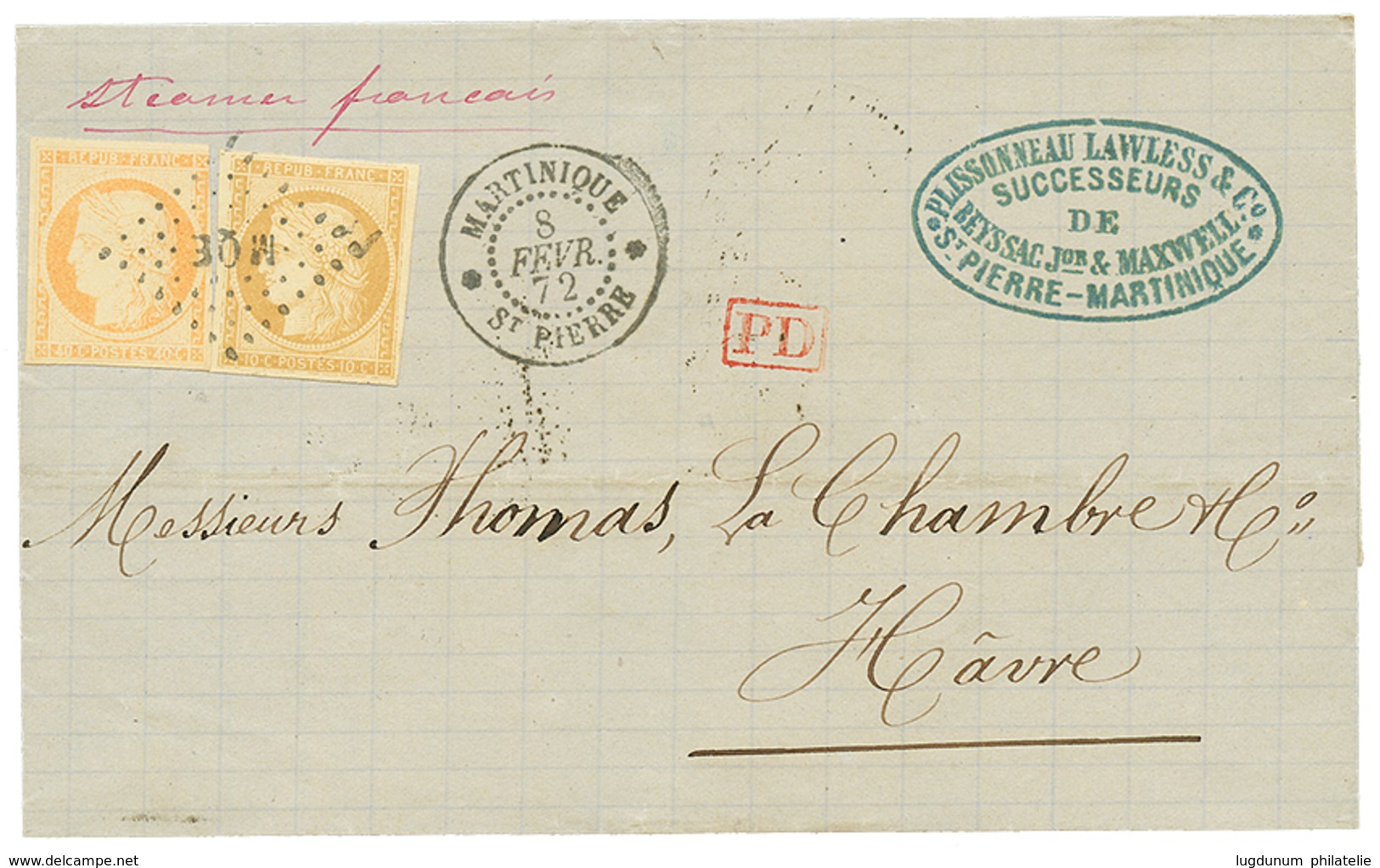 1872 CG 10c SIEGE (n°11) TB Margé + 40c(pd) Sur Lettre De ST PIERRE Pour La FRANCE. TTB. - Andere & Zonder Classificatie