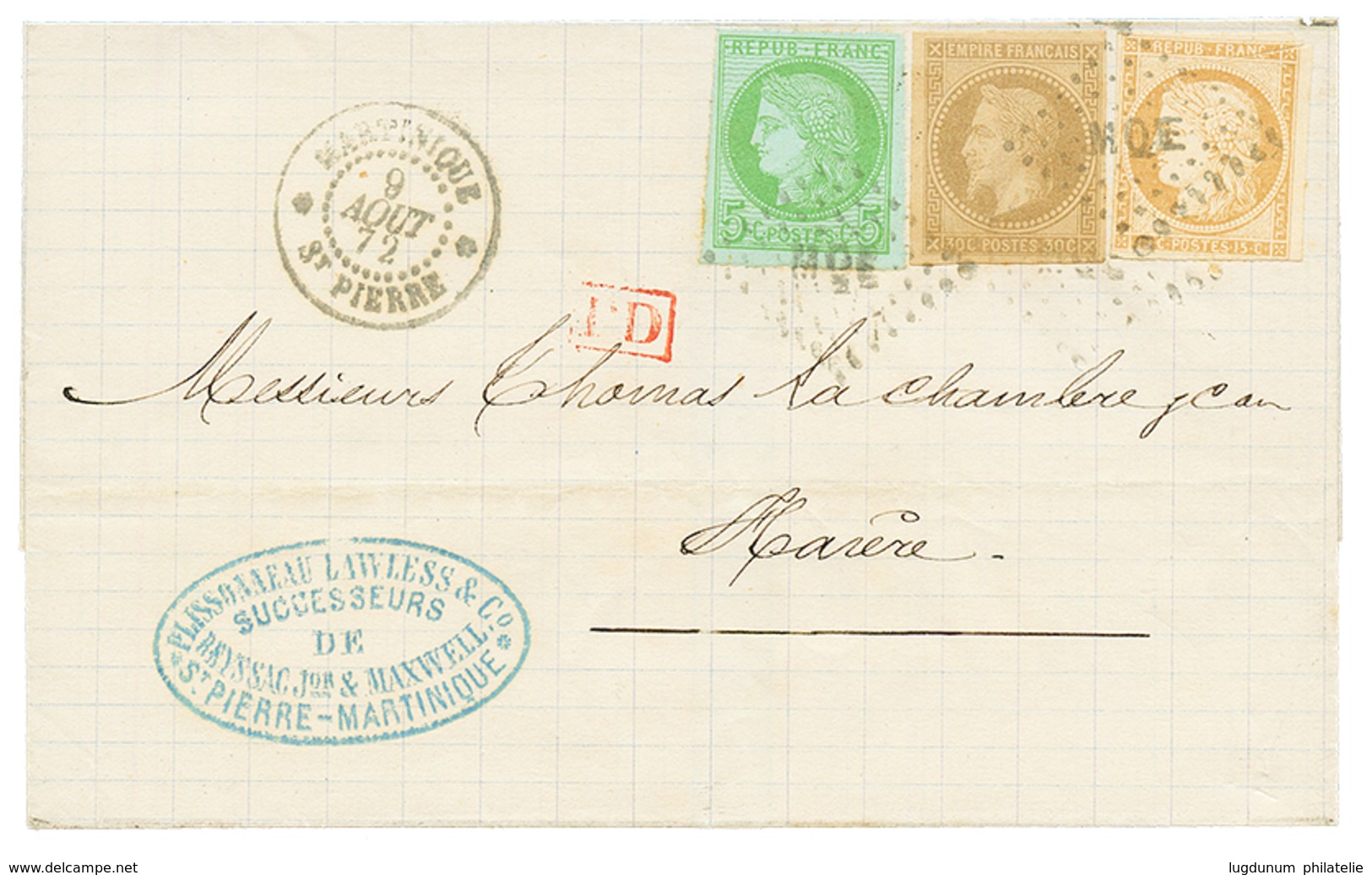 1872 CG 30c EMPIRE + CERES 5c+ 15c Obl. MQE + MARTINIQUE ST PIERRE Sur Lettre Pour La FRANCE. Superbe Affrt Tricolore. T - Otros & Sin Clasificación