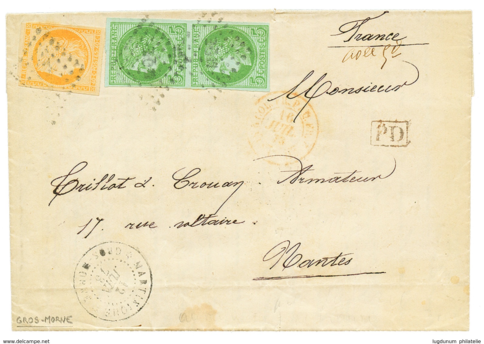 "LE ROBERT Via GROS MORNE" : 1873 CG Paire 5c + 40c Obl. MQE + MARTINIQUE GROS-MORNE Sur Lettre Avec Texte Daté "LE ROBE - Otros & Sin Clasificación