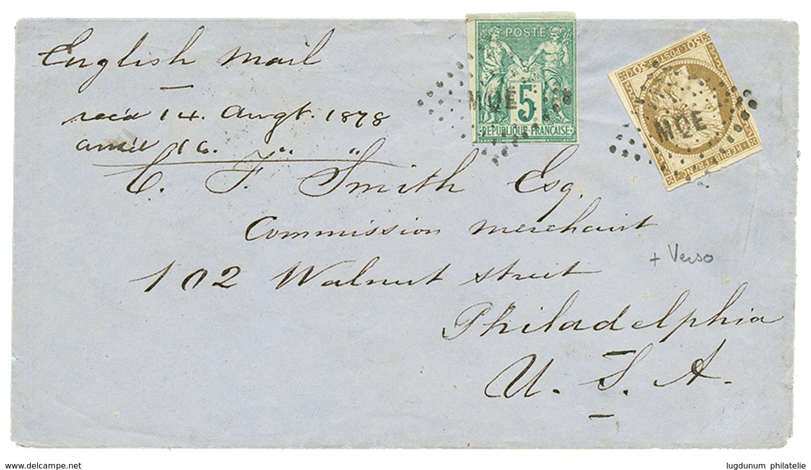 1878 CG 30c CERES(pd) + 5c SAGE Obl. MQE Sur Env. Pour PHILADELPHIA (USA). Verso, Cachet Anglais MARTINIQUE Apposé Sur L - Autres & Non Classés