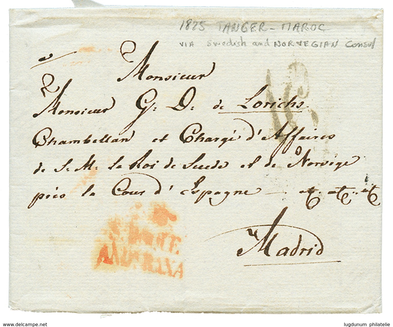 MAROC Via CONSUL De NORVEGE & Et De SUEDE Pour L' ESPAGNE : 1825 Taxe 16 + Cachet Espagnol AND.BAXA Rouge Sur Lettre Ave - Other & Unclassified