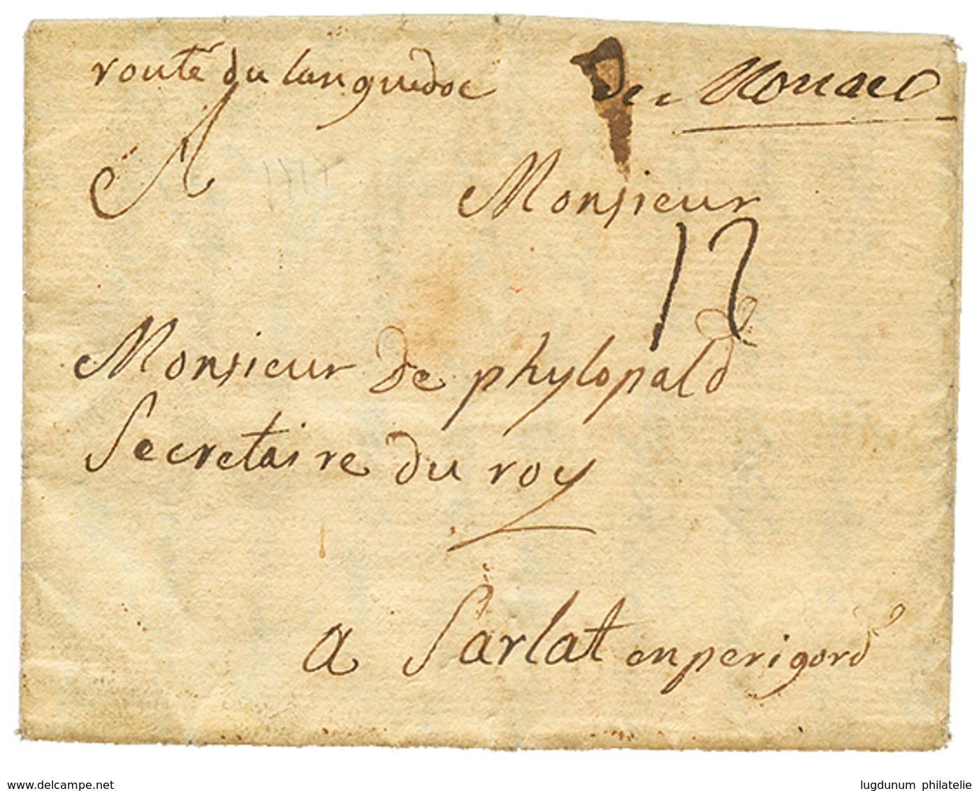 1717 "DE MONACO" Manuscrit + "ROUTE Du LANGEDOC" Sur Lettre Avec Texte Daté "MONACO" Pour SARLAT. TTB. - Otros & Sin Clasificación