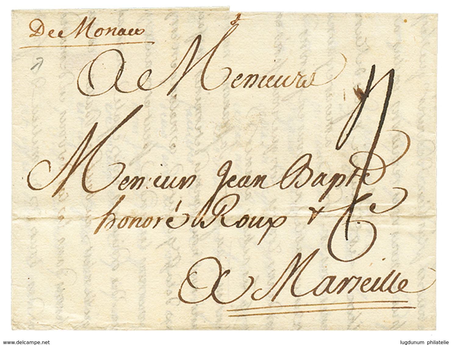 1740 "DE MONACO" Manuscrit Sur Lettre Avec Texte De LIVORNO Pour MARSEILLE. Superbe. - Autres & Non Classés