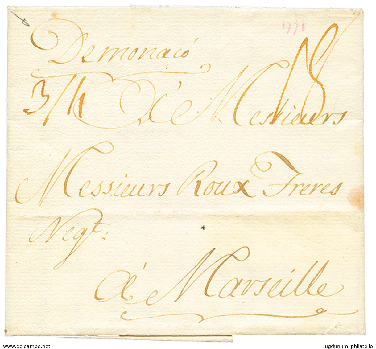 1771 "DE MONACO" Manuscrit Sur Lettre Avec Texte De PORT MAURICE Pour MARSEILLE. Superbe. - Otros & Sin Clasificación