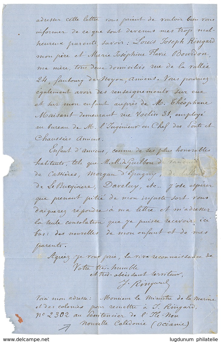 PRISONNIER Au PENITENCIER De L' ILE De NOU : 1872 NLLE CALEDONIE NOUMEA + Taxe 12 Sur Lettre Avec Texte "J. RINGARD Pris - Otros & Sin Clasificación