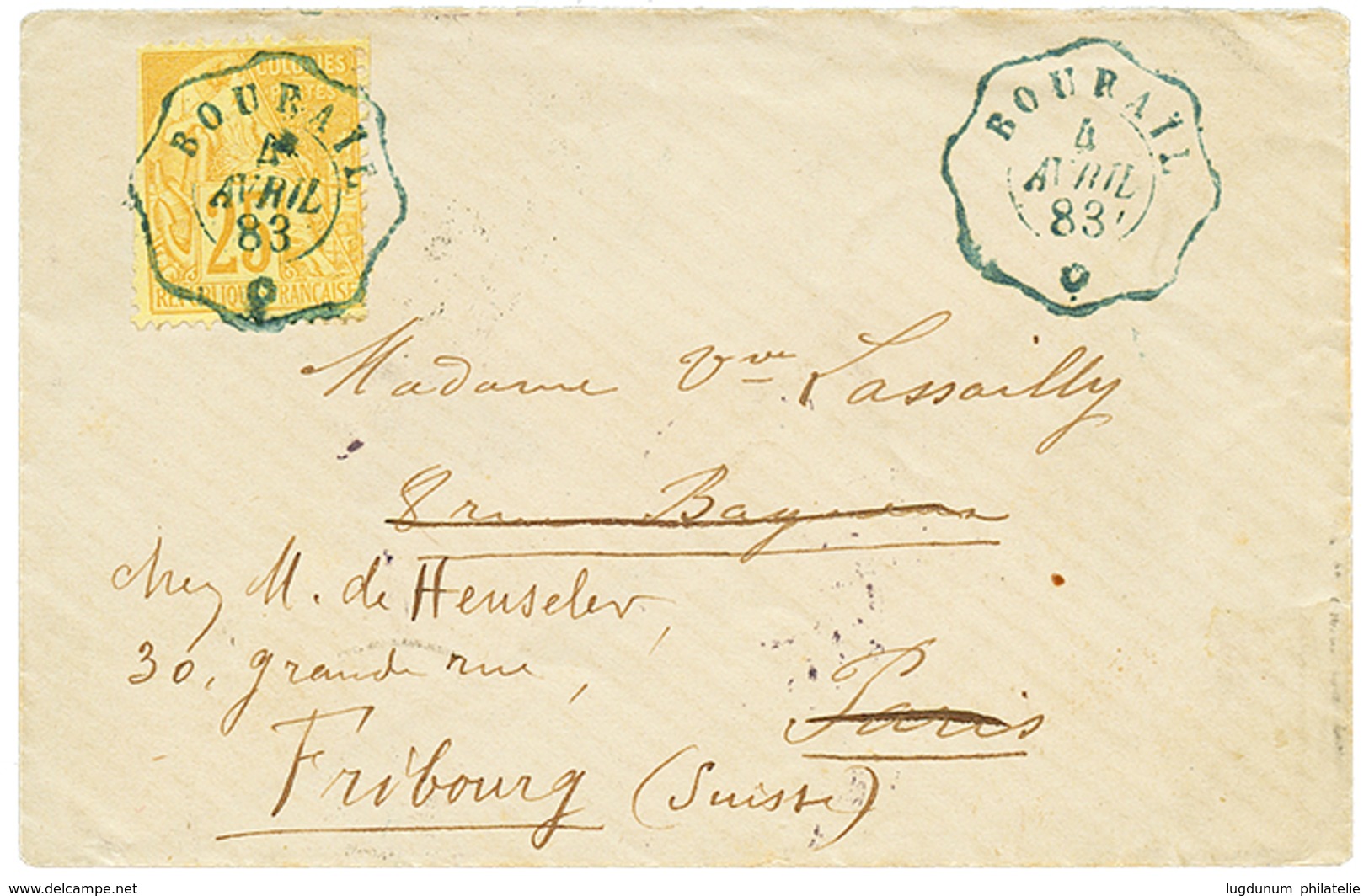 "BOURAIL" : 1883 CG 25c Obl. Cachet TELEGRAPHIQUE BOURAIL Sur Env. Pour PARIS Redirigée En SUISSE. Superbe. - Autres & Non Classés