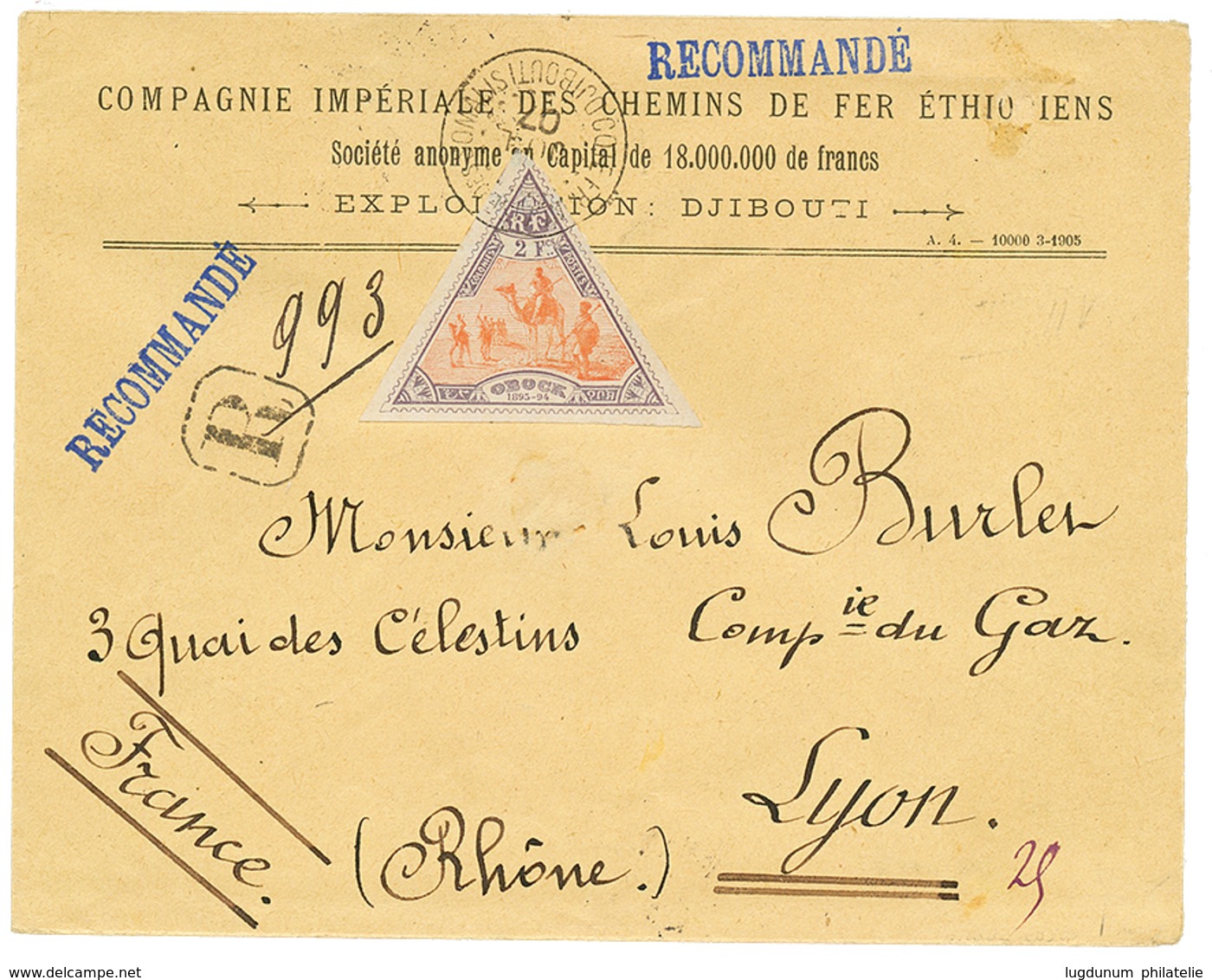 1907 2F Violet (n°60) Obl. DJIBOUTI Sur Env. RECOMMANDEE Pour LYON. Cote Du Timbre Détaché = 130€. Superbe. - Otros & Sin Clasificación