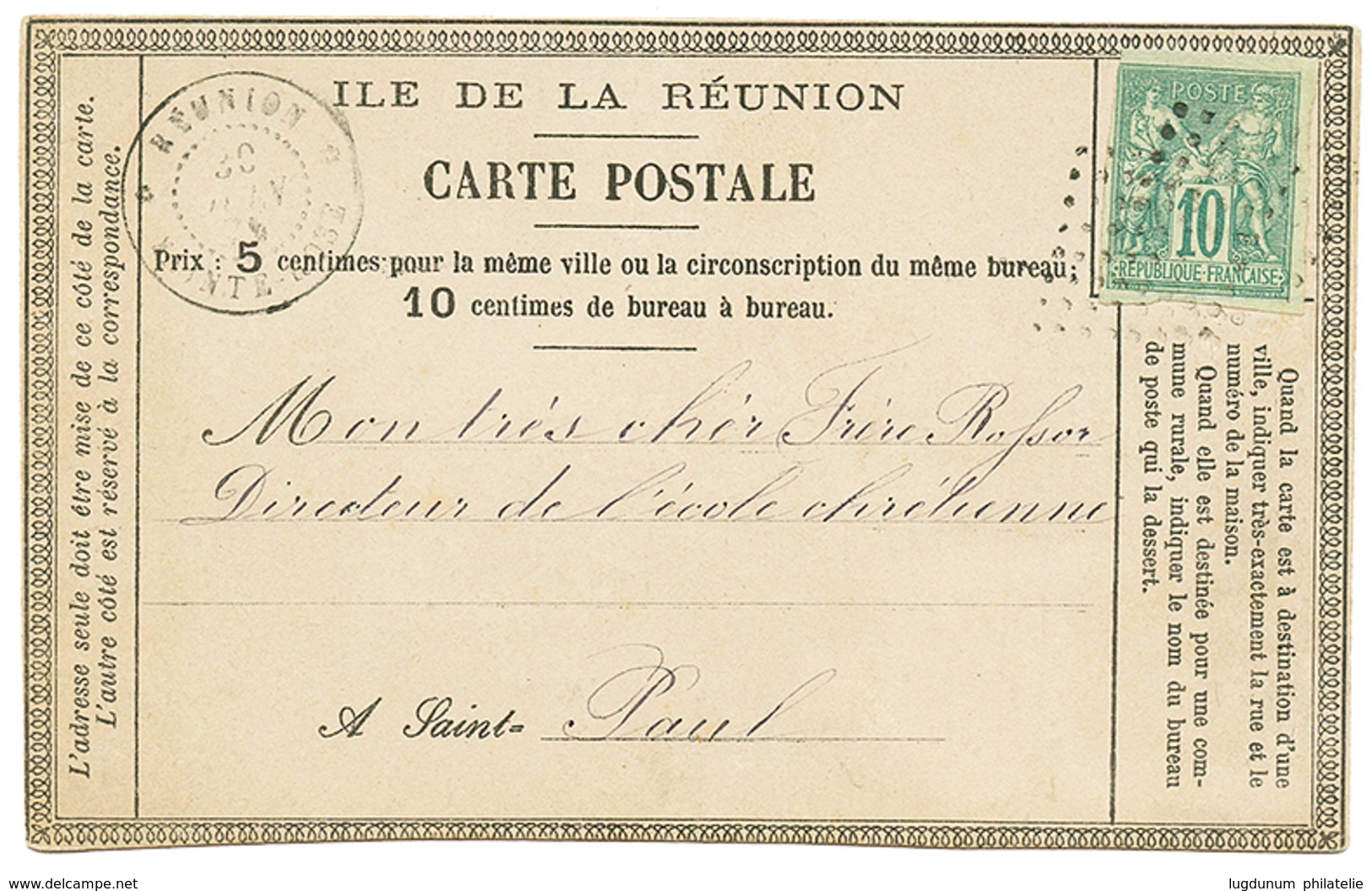 1879CG 10c SAGE Vert Obl. Losange De Pts + REUNION SAINTE ROSE Sur CARTE PRECURSEUR Pour ST PAUL. Rare. TTB. - Andere & Zonder Classificatie