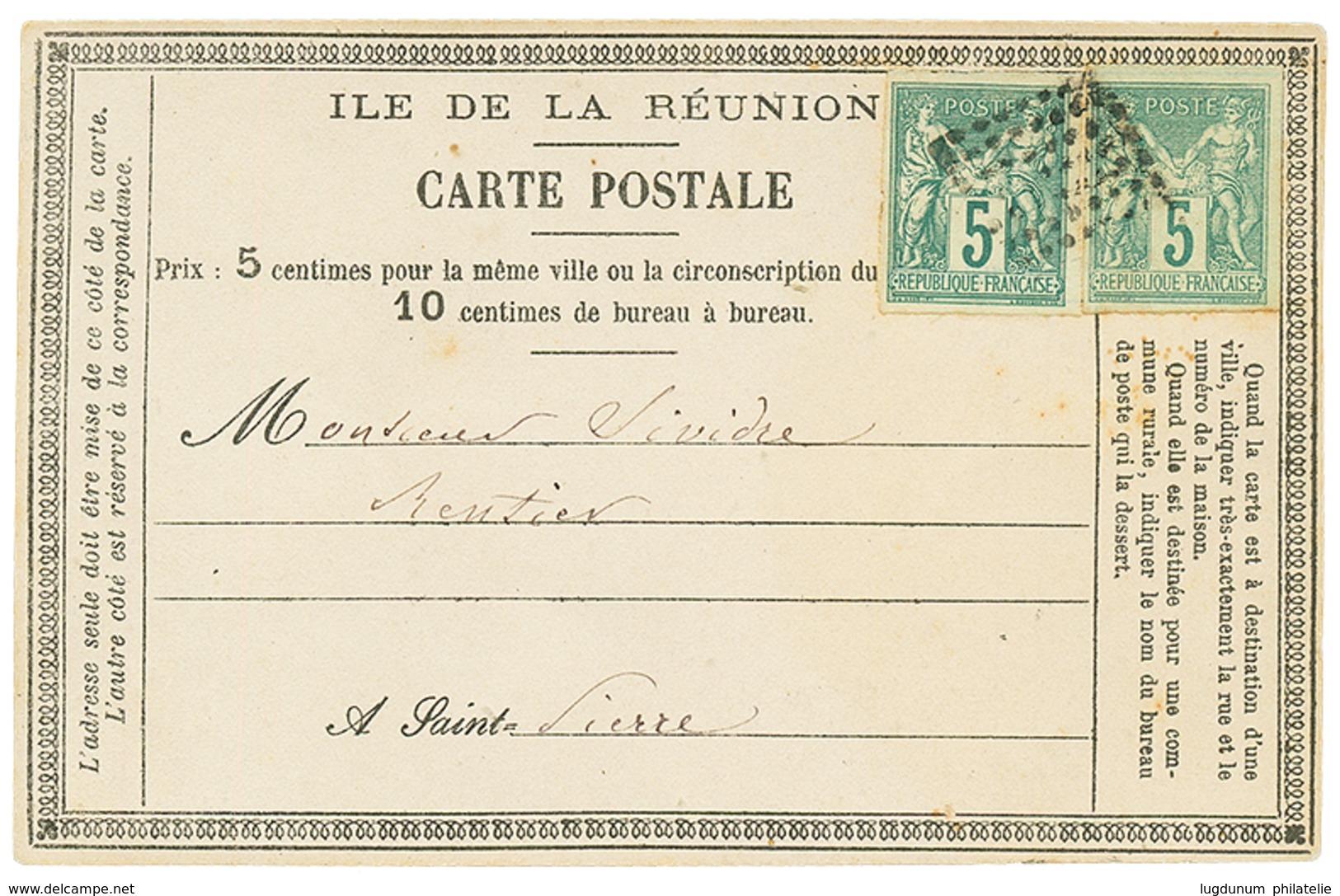 CG 5c SAGE (x2) Obl. Losange De Pts Sur CARTE PRECURSEUR Pour ST PIERRE. TTB. - Autres & Non Classés