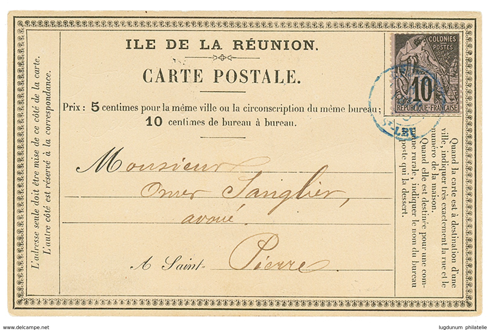 1890 CG 10c Obl. REUNION ST LEU Sur CARTE PRECURSEUR Pour ST PIERRE. TB. - Autres & Non Classés