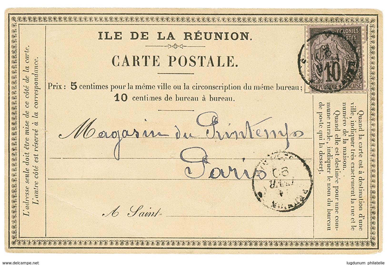 1890 CG 10c Obl. ST DENIS Sur CARTE PRECURSEUR Pour La FRANCE. TB. - Autres & Non Classés