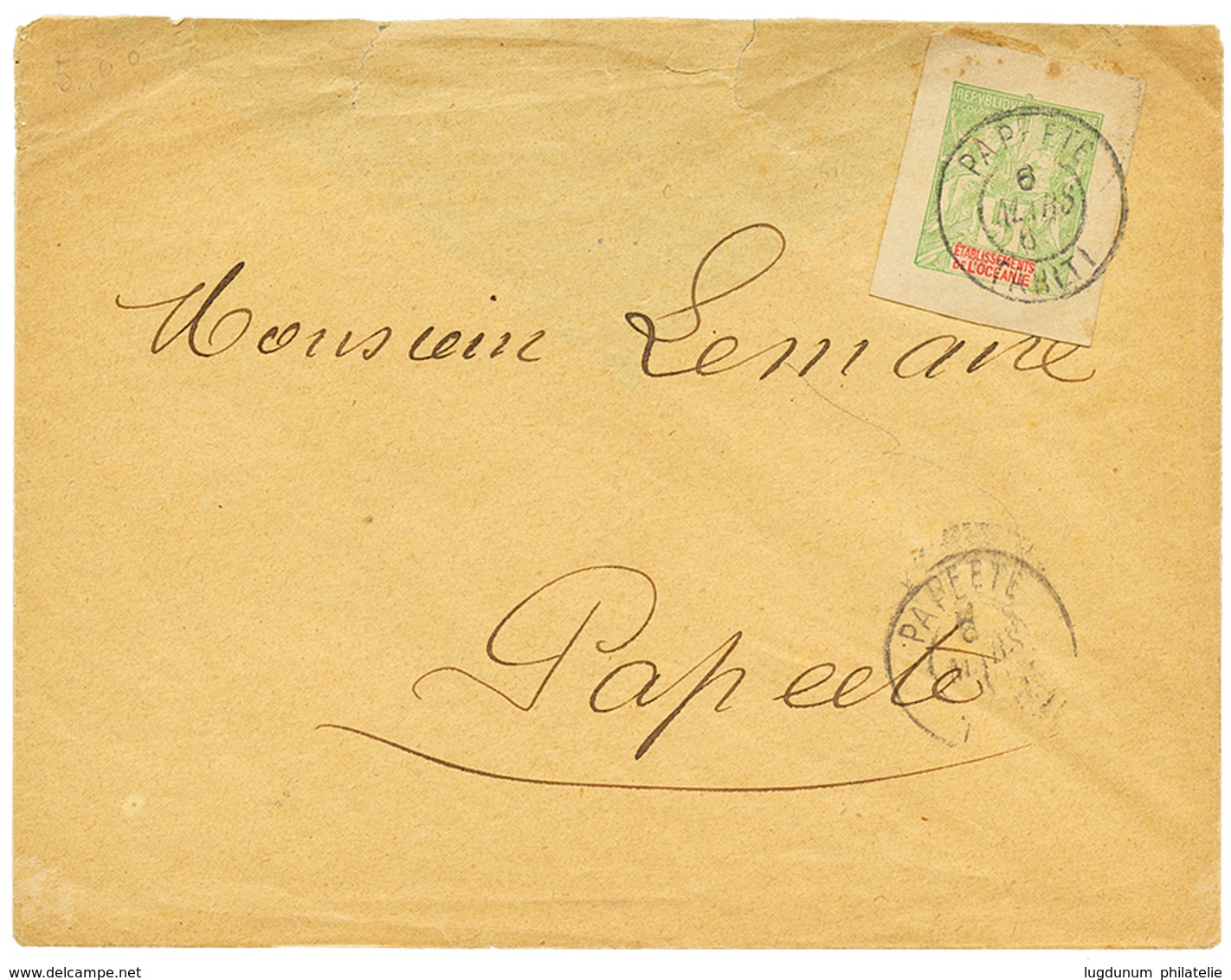"PROVISOIRE Du RAZ De MAREE" : 1906 ENTIER POSTAL Découpé 5c Obl. PAPEETE TAHITI Sur Enveloppe Locale. Utilisation PROVI - Otros & Sin Clasificación