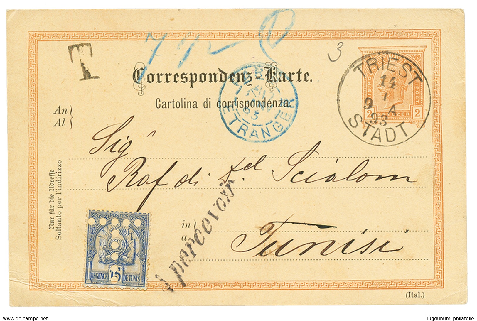 1893 AUSTRIA Entier 2k Obl. TRIEST Pour La TUNISIE Taxée à L' Arrivée Avec 15c TAXE. TTB. - Otros & Sin Clasificación