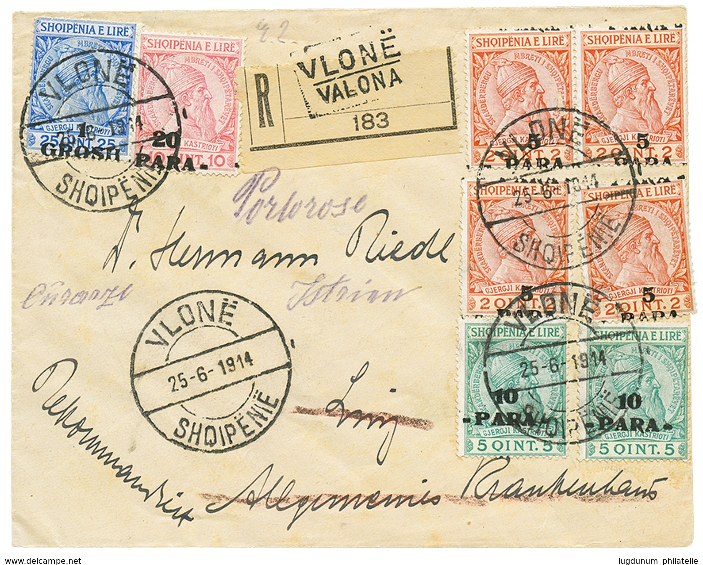 ALBANIA : 1914 5p(x4) +10p(x2)+ 20p+ 1Gr Canc. VLONE On REGISTERED Envelope To PORTOROSE. Vvf. - Albania