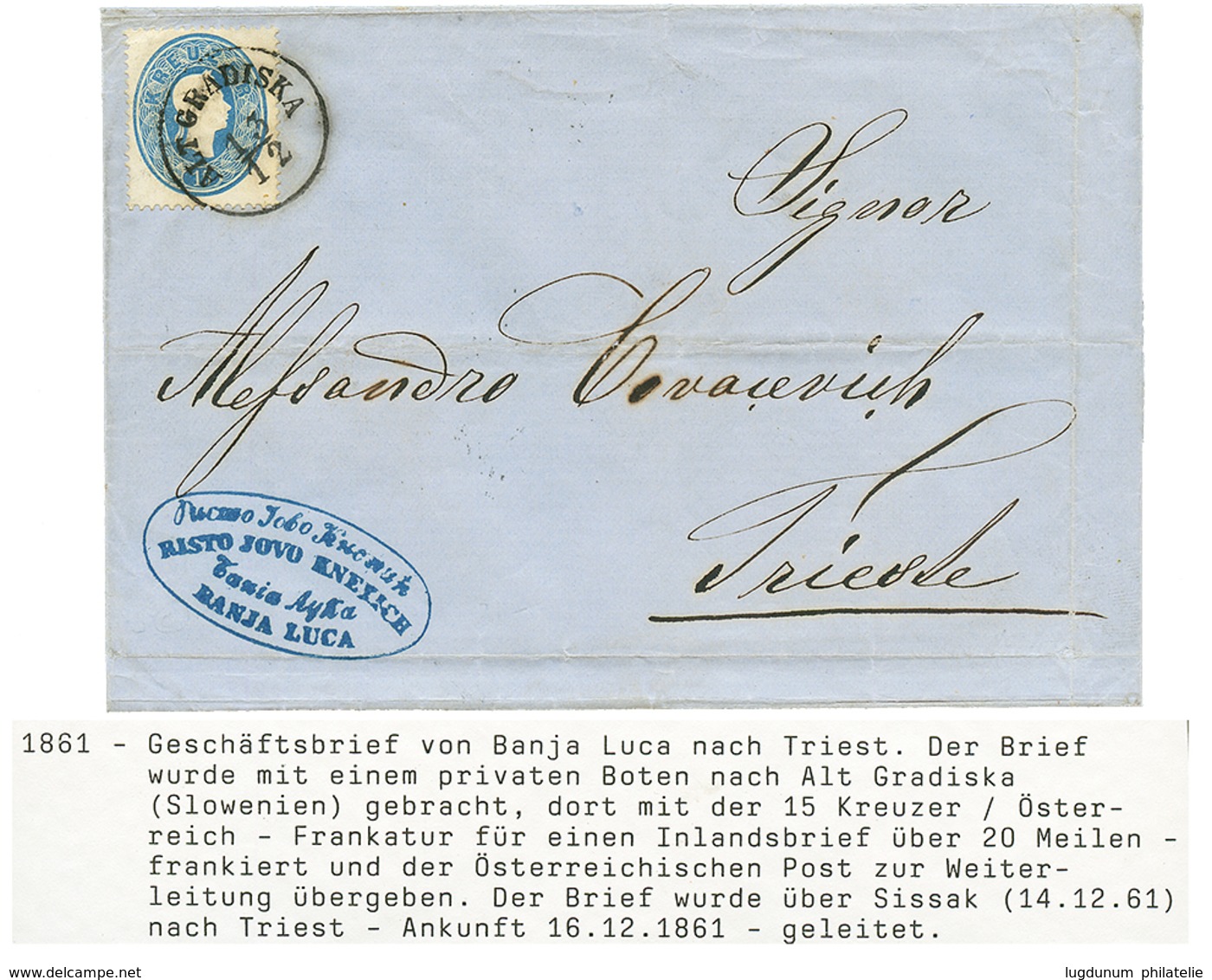 1861 AUSTRIA 15k Canc. ALT GRADISKA On Entire Letter From BANJA LUCA To TRIESTE. Superb. - Andere & Zonder Classificatie