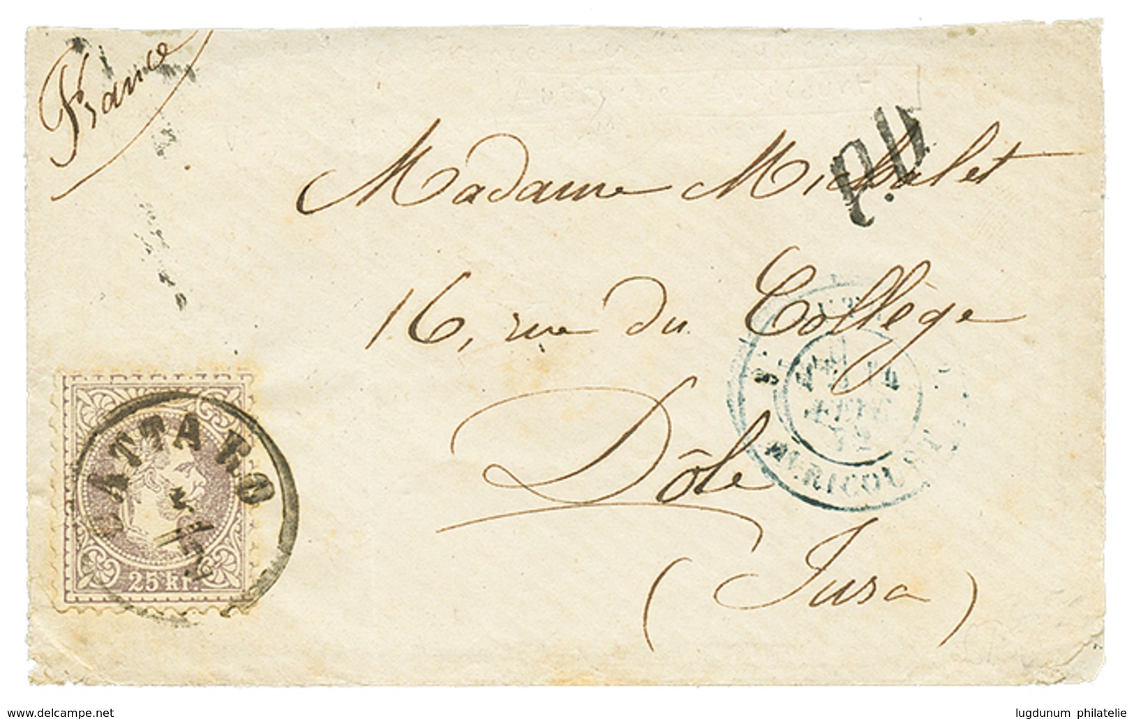 1872 25K Canc. CATTARO On Envelope To FRANCE. Vvf. - Otros & Sin Clasificación