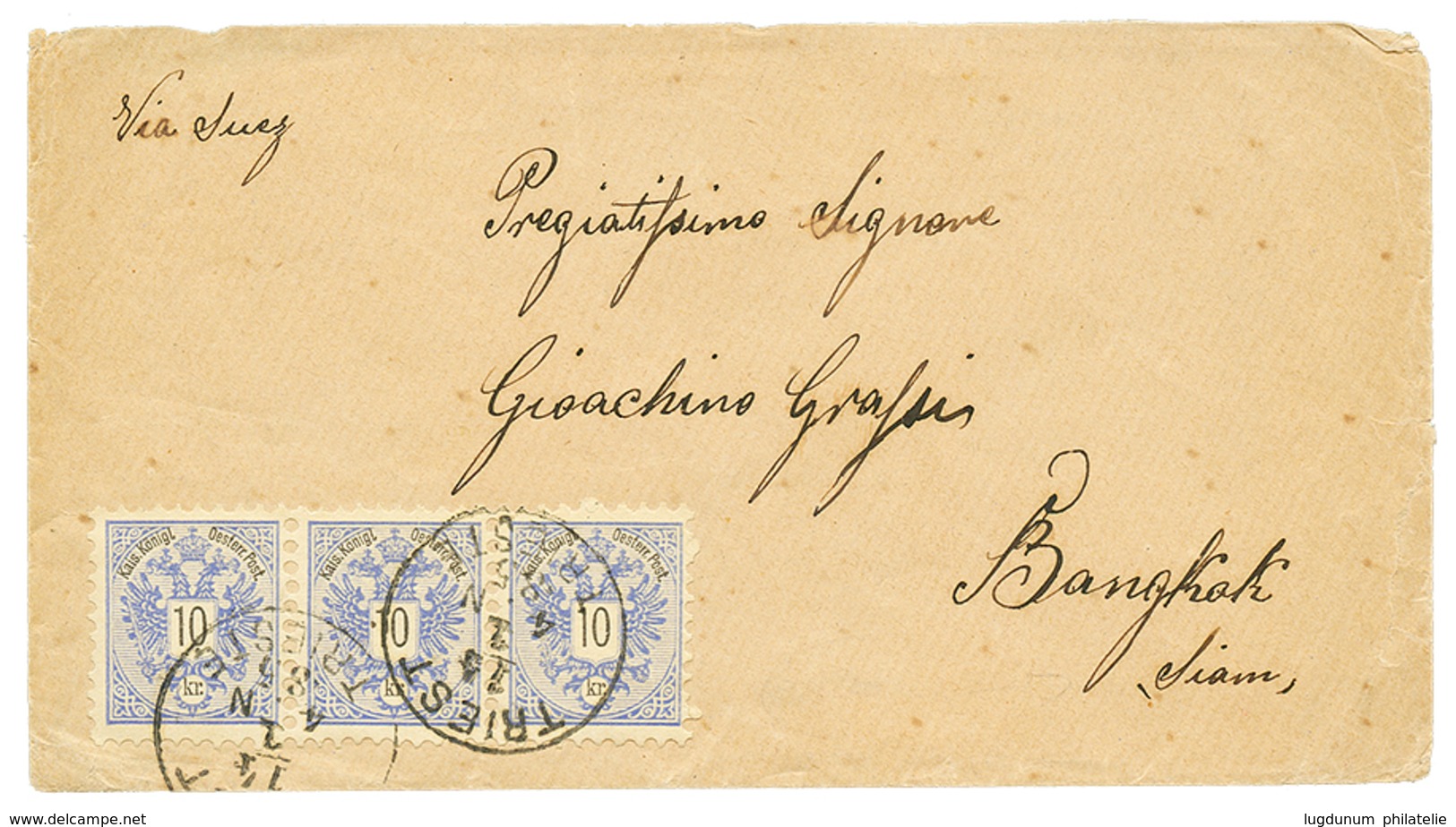 AUSTRIA To THAILAND : 1885 10k Strip Of 3 Canc. TRIEST On Envelope To BANGKOK (SIAM). Verso, Large Red Cds SINGAPORE PAI - Andere & Zonder Classificatie