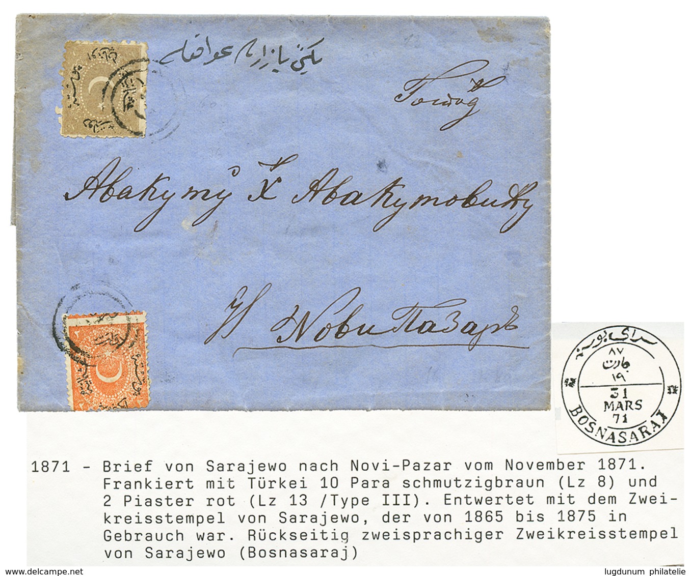 BOSNIA : 1871 TURKEY 10p + 2P On Entire Letter From SARAJEVO To NOVI-PAZAR. Verso, BOSNASARAI. Vf. - Bosnië En Herzegovina