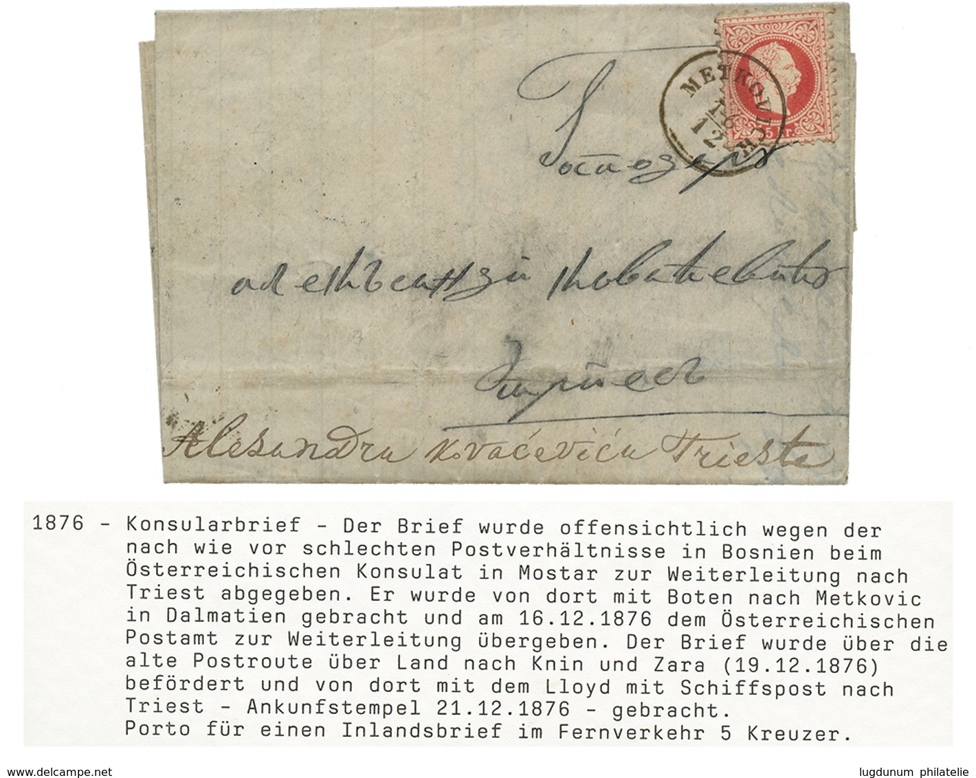BOSNIA : 1876 AUSTRIA 5k Canc. METKOVICK On Entire Letter With Full Text . Verso, ZARA + TRIEST. Vf. - Bosnia Herzegovina