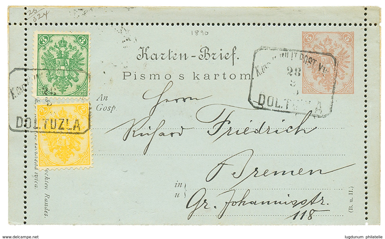 BOSNIA : 1890 P./Stat 5k + 2k + 3k Canc. K. MILIT. POST DOLTUZLA To BREMEN (GERMANY). Vf. - Bosnia Herzegovina