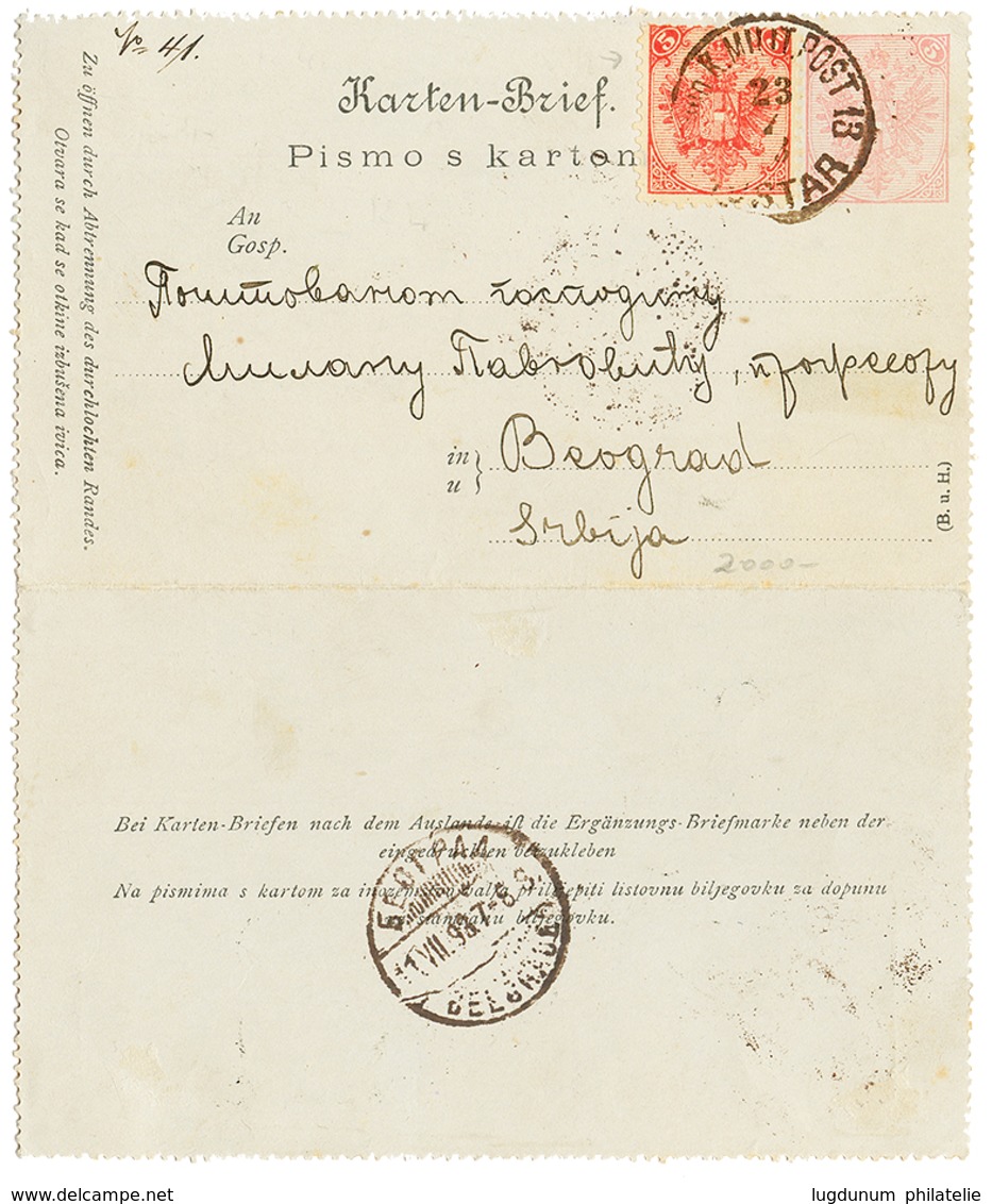 BOSNIA : 1893 P./Stat 5k + 5k Canc. K. MILIT. POST 13 MOSTAR To BEOGRAD SERBIA. Vf. - Bosnia Herzegovina