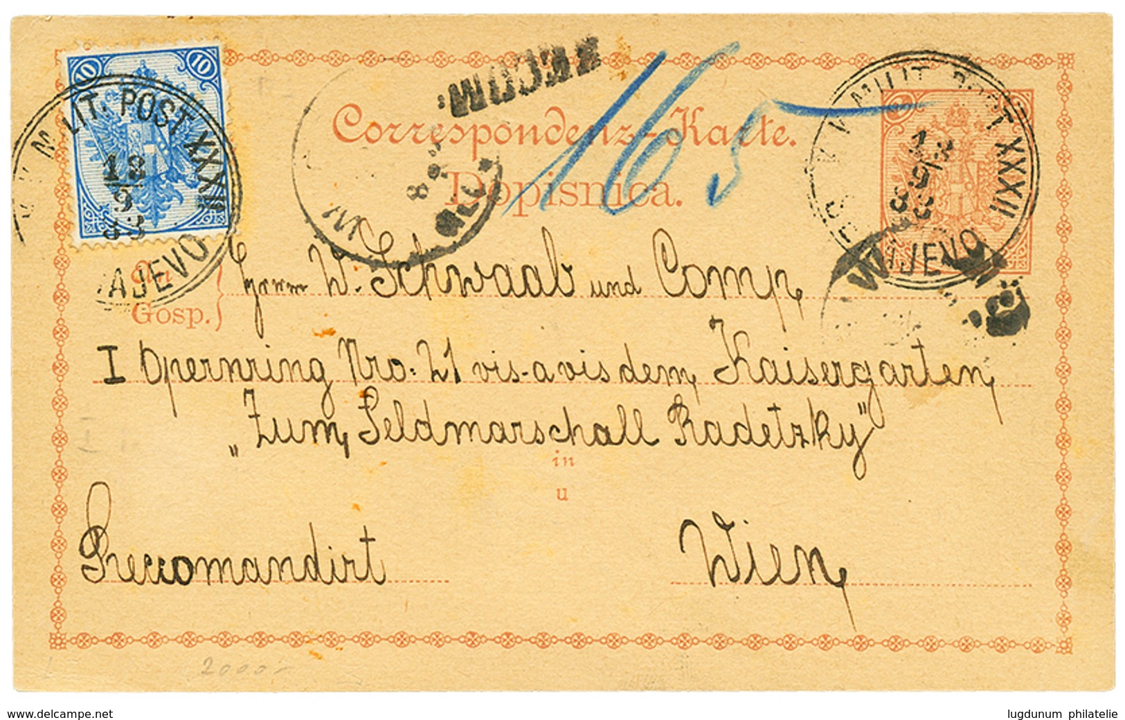BOSNIA : 1893 P./Stat 2k + 10k Canc. K. MILIT. POST XXXII SARAJEVO + RECOM. , Sent REGISTERED To WIEN. Vf. - Bosnie-Herzegovine