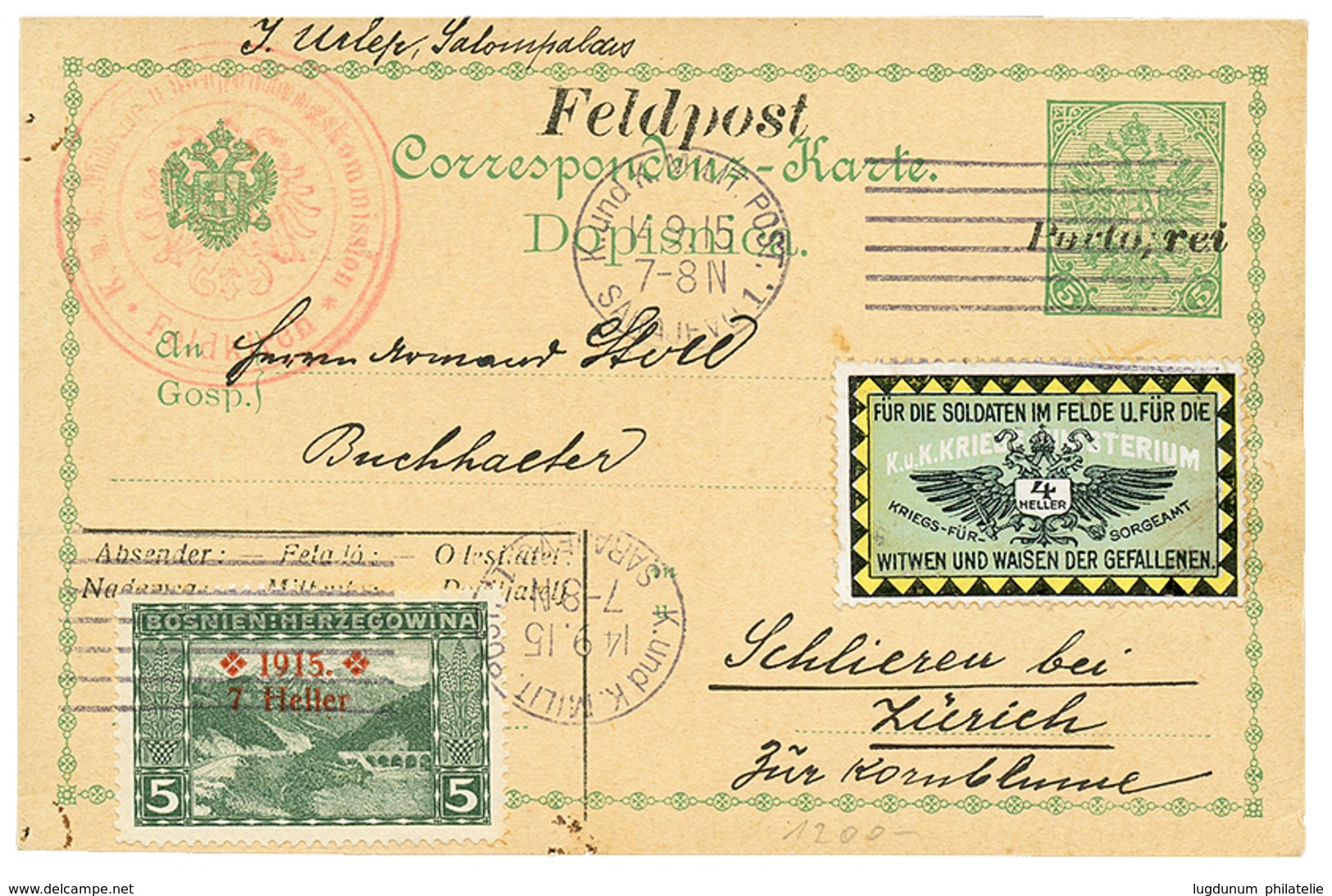 BOSNIA : 1915 P./Stat 5h Overprint PORTO FREI + 5h+ Military Label Sent REGISTERED From SARAJEVO To SWITZERLAND. Scarce. - Bosnie-Herzegovine