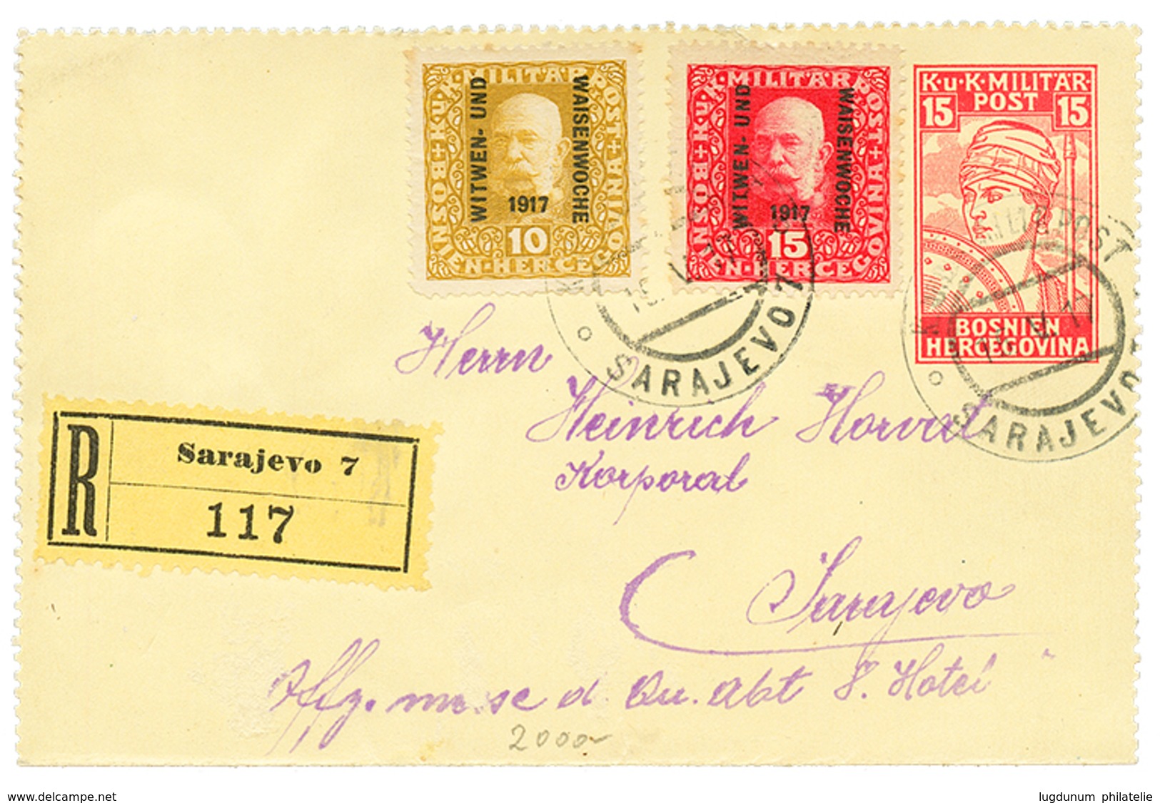 BOSNIA : 1917 P./Stat 15h + 10h+ 15H Canc. K. MILIT. POST SARAJEVO 7 Sent REGISTERED To SARAJEVO. Vvf. - Bosnia Herzegovina