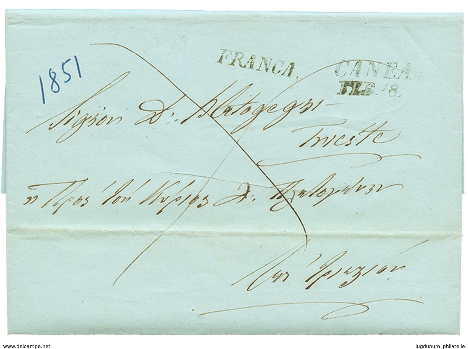 "CANEA" : 1851 CANEA/FEB.8 + FRANCA On DISINFECTED Entire Letter To TRIESTE. Vvf. - Levant Autrichien