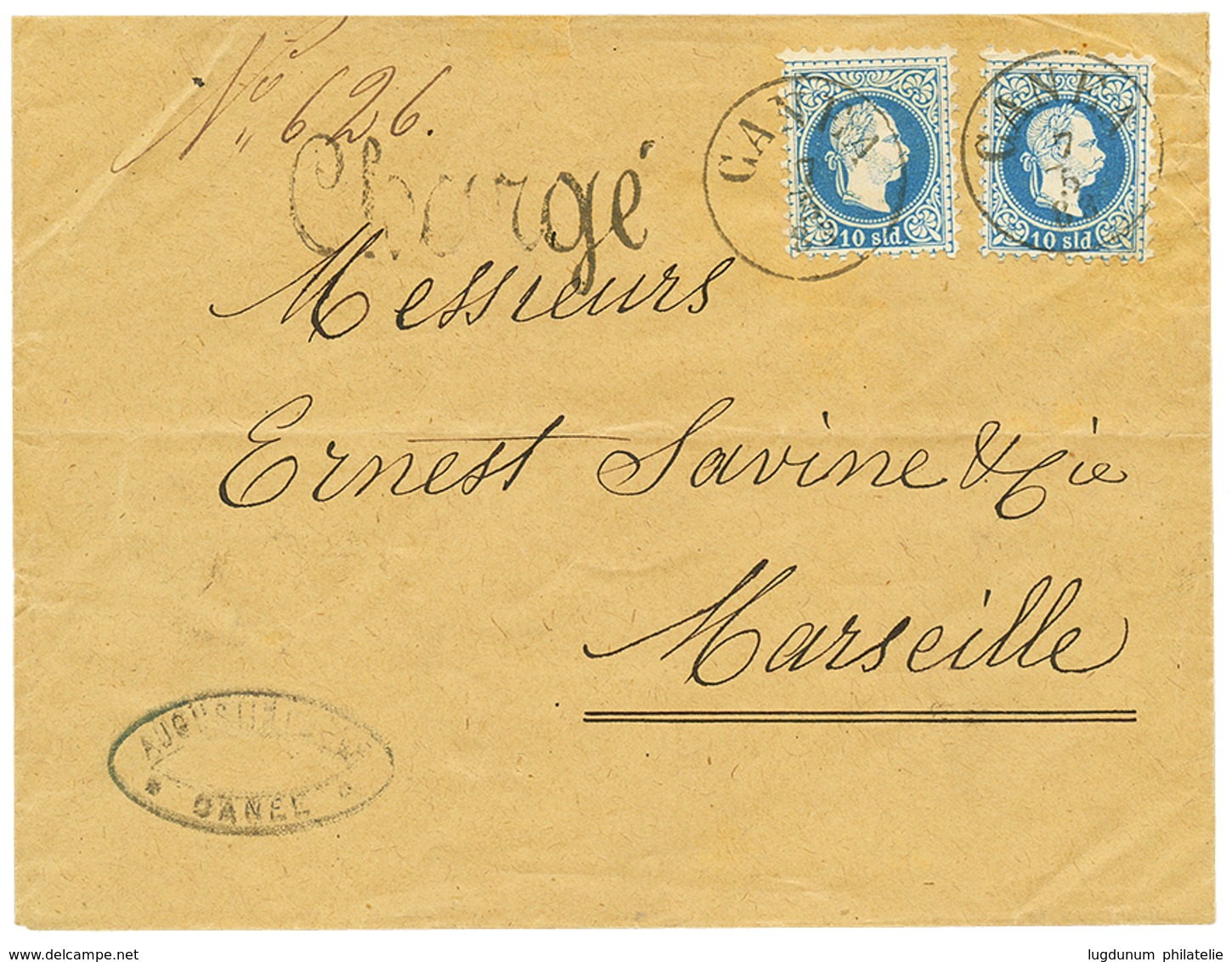 "CANEA + CHARGE" : 1883 10 Soldi(x2) Canc. CANEA + Cachet CHARGE On Envelope To FRANCE. RARE. Vf. - Oriente Austriaco