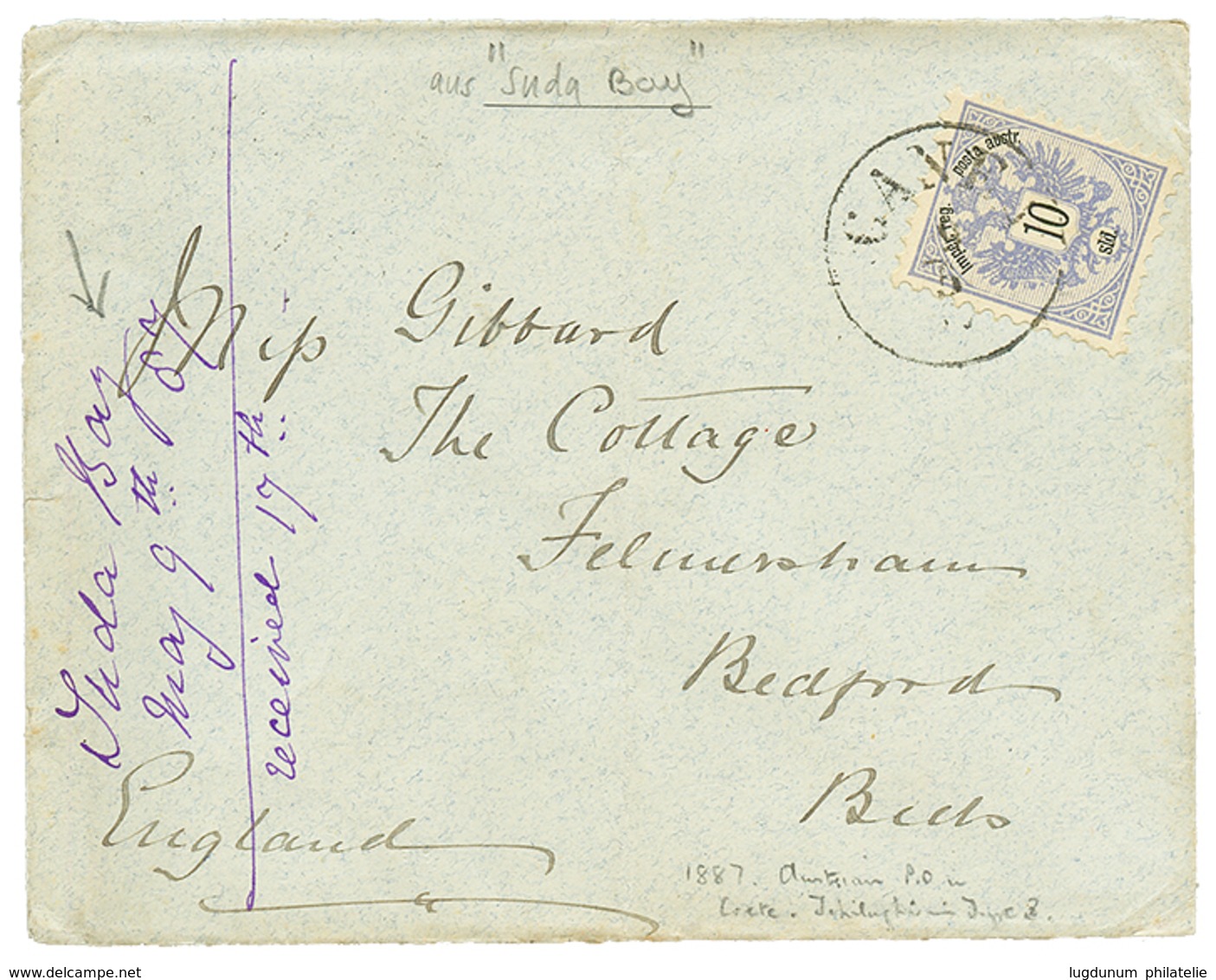 "CRETE - SUDA BAY" : 1887 10s Canc. CANEA + "SUDA BAY 9 May 1887" On Cover To ENGLAND. Vf. - Levant Autrichien