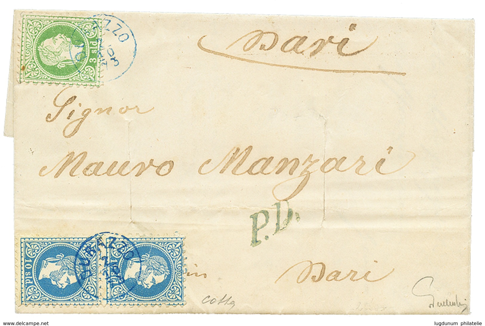 "DURAZZO - ALBANIA " : 1873 3 Soldi + Pair 10 Soldi Canc. DURAZZO In Blue On Entire Letter To ITALY. Signed COLLA & FERC - Oriente Austriaco