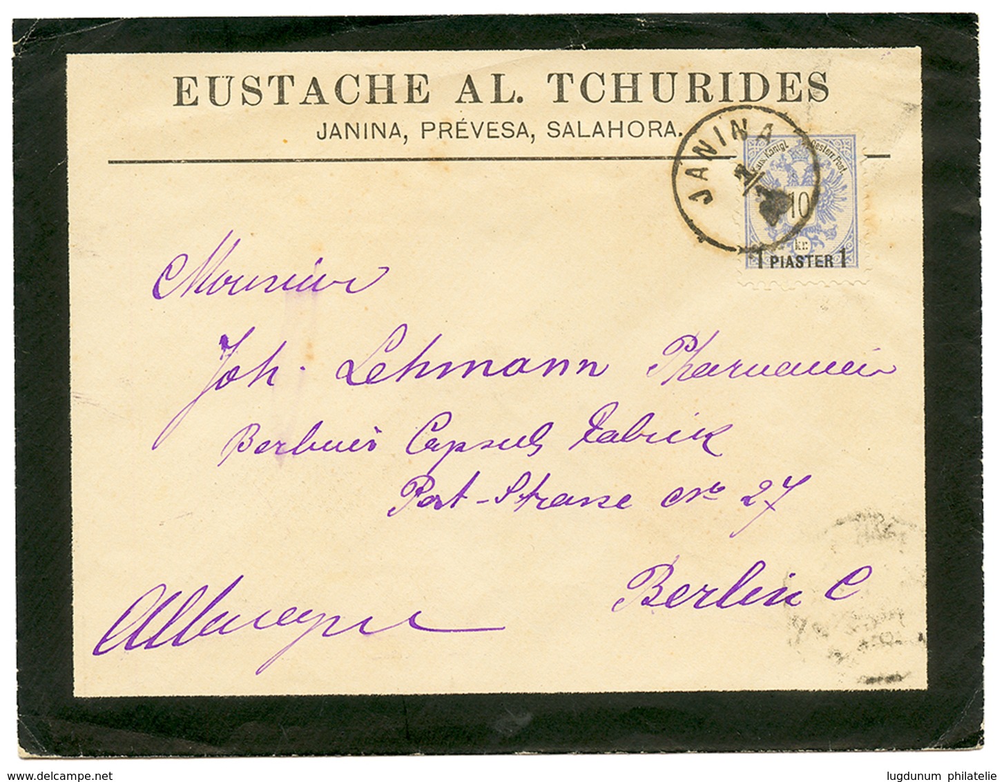 "JANINA" : 1P On 10k Canc. JANINA On Commercial Envelope To BERLIN. Superb. - Levant Autrichien