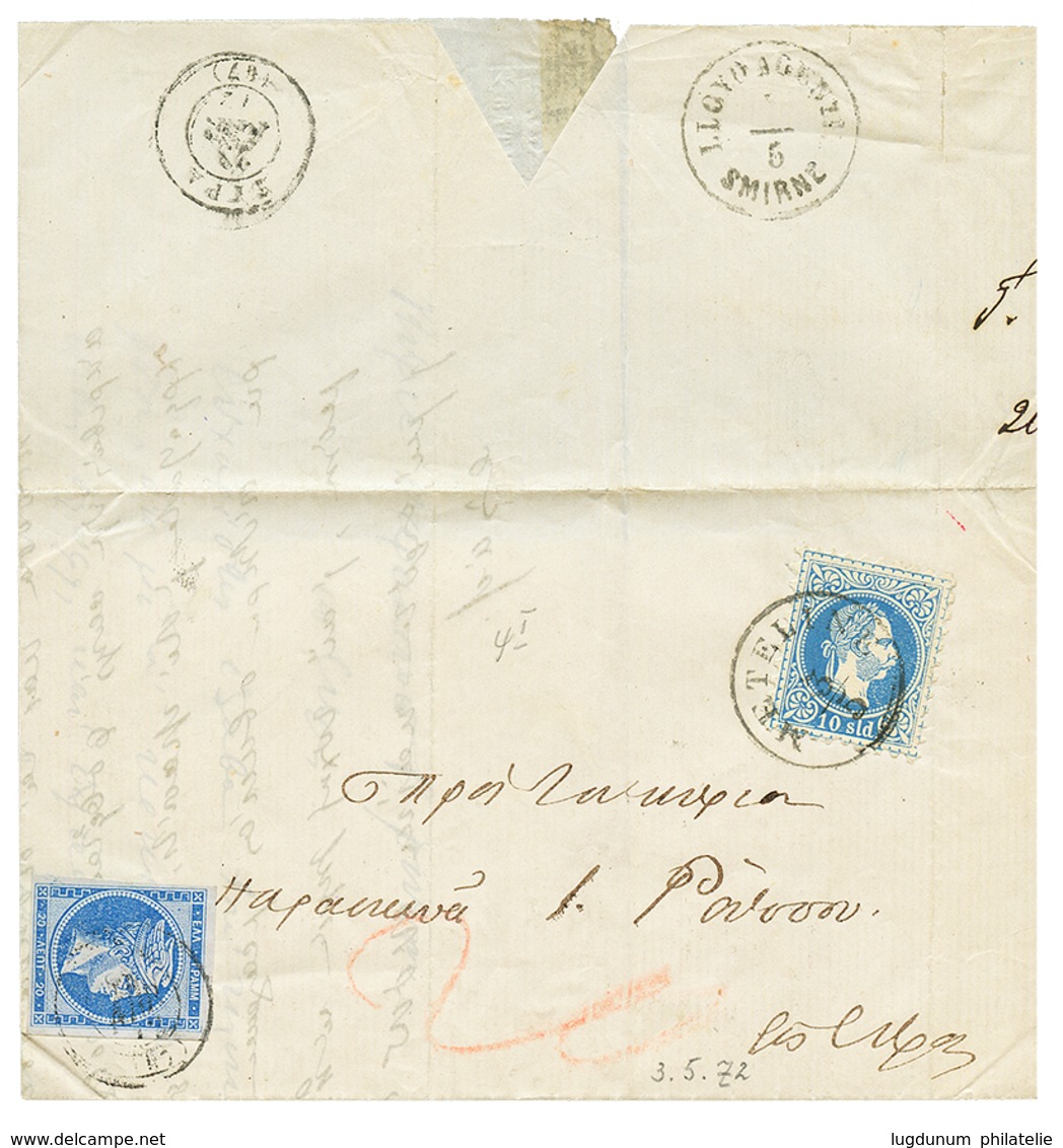 "METELINO " : 1872 10 SOLDI Canc. METELINO + GRECE 20l (4 Nice Margins) On Entire Letter To GREECE. Verso, LLOYD AGENZIE - Oostenrijkse Levant